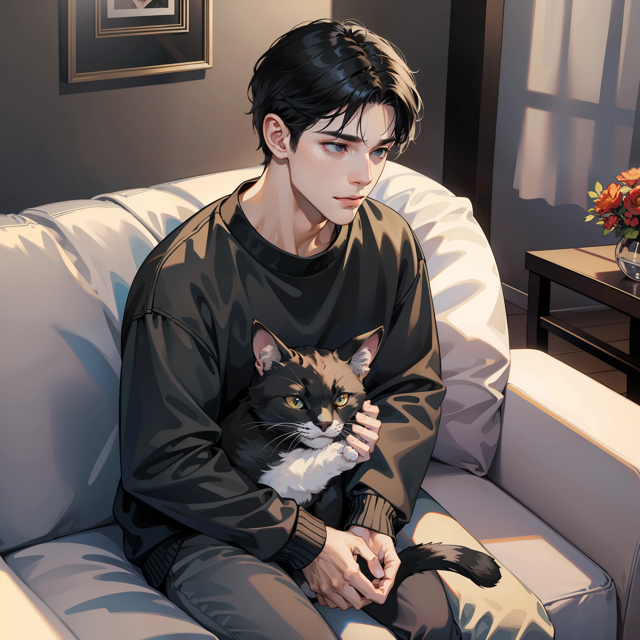 Male, delicate face, short black hair, standing black sweatshirt (cat pattern), sitting on sofa, living room background
