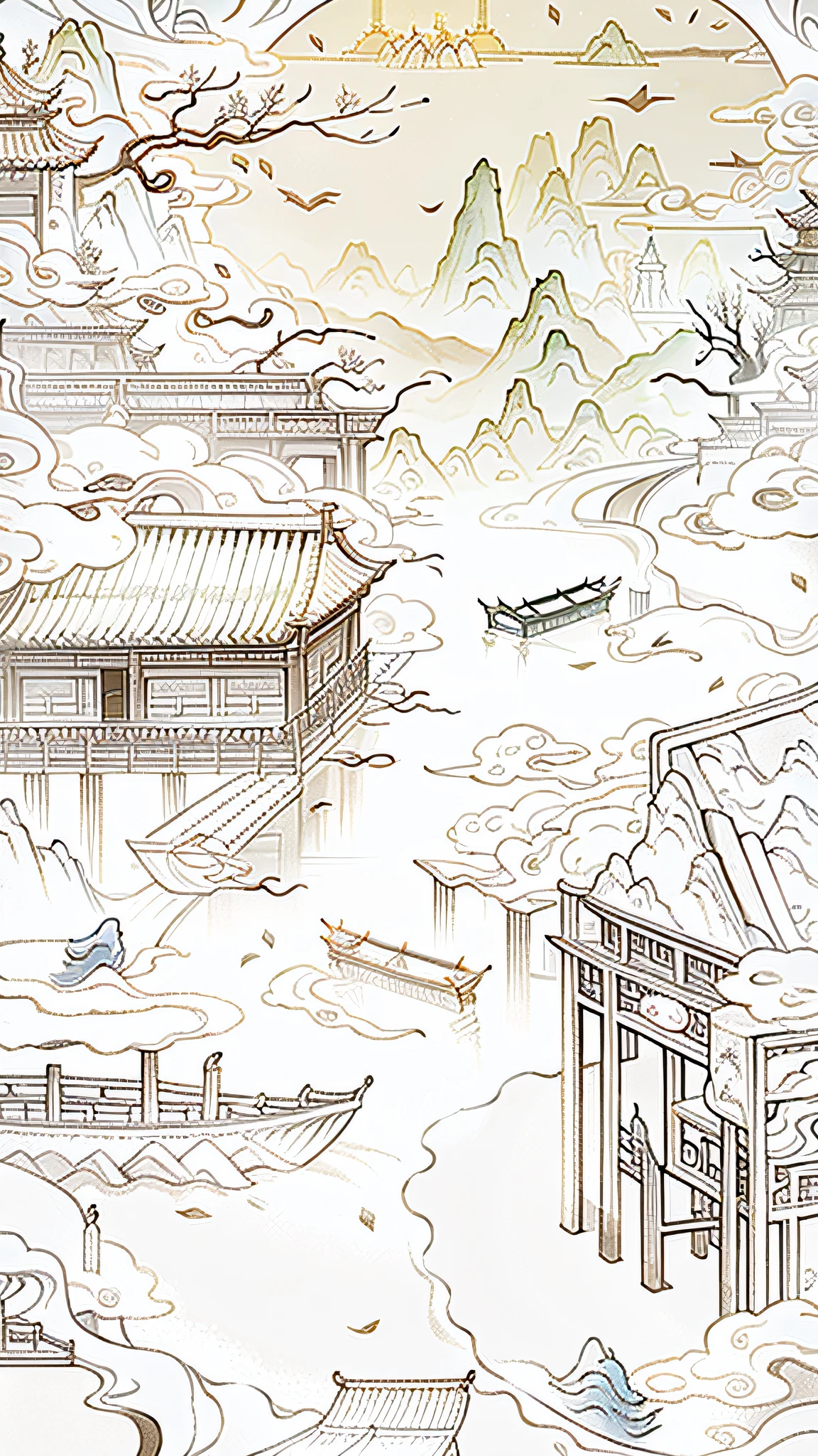 An ancient Chinese painting, ancient Chinese background, mountains, rivers, auspicious clouds, pavilions, sunshine, masterpieces, super detail, epic composition, ultra HD, high quality, extremely detailed, official art, unified 8k wallpaper, Super detail, 32k -- v 6