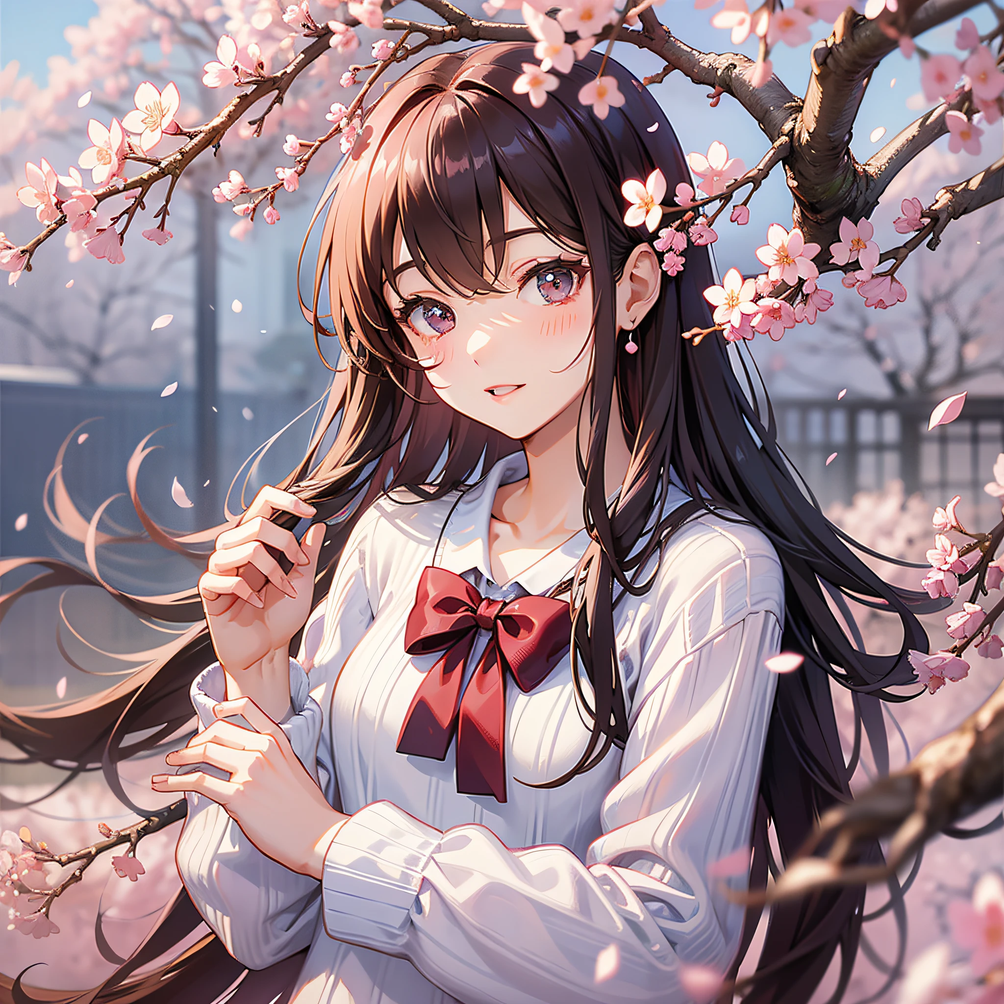 In spring, cherry blossoms fly, long-haired girls, wearing white sweaters, delicate