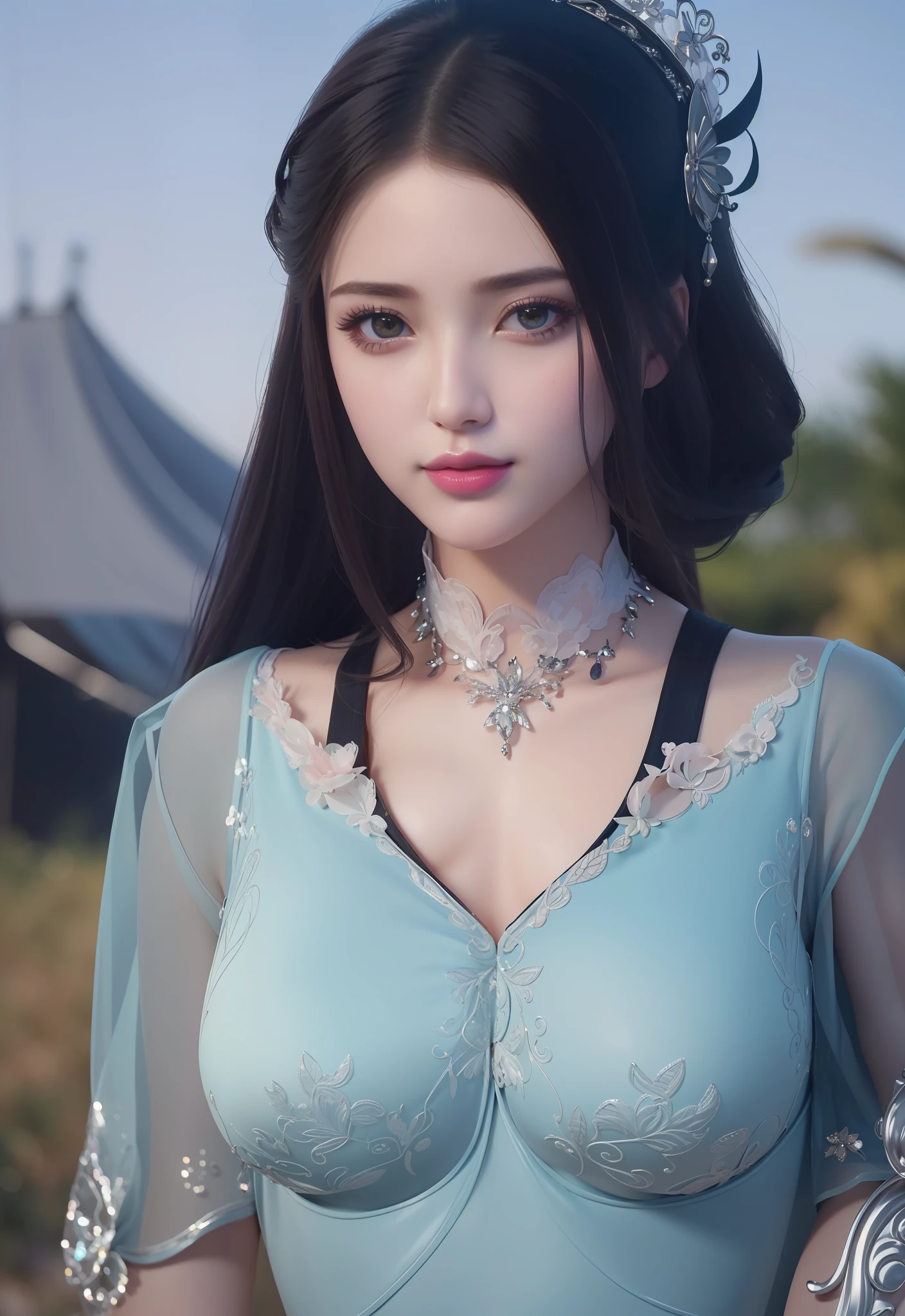 (masterpiece, best quality, extremely detailed 8k, ultra hd, ultra-detailed, highly detailed, highly realistic, ultra-realistic, photo realistic), (1girl:1.5), (detailed realistic skin), (realistic big breasts), (pink lipstick), slender abs,