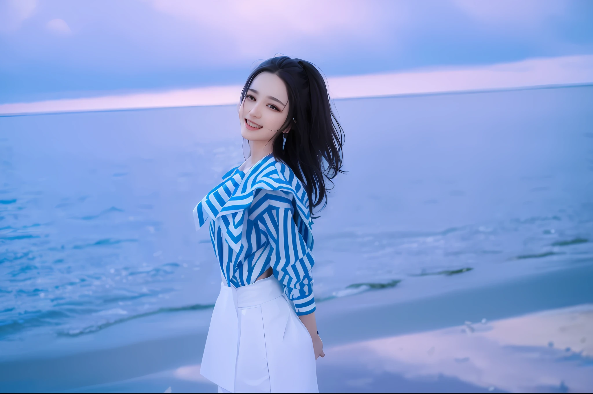 arafed woman in a white skirt and blue shirt standing on a beach, dilraba dilmurat, queen of the sea mu yanling, 千 葉 雄 大, sha xi, li zixin, single image, beautiful image, wenfei ye, xintong chen, jinyiwei, full body xianxia