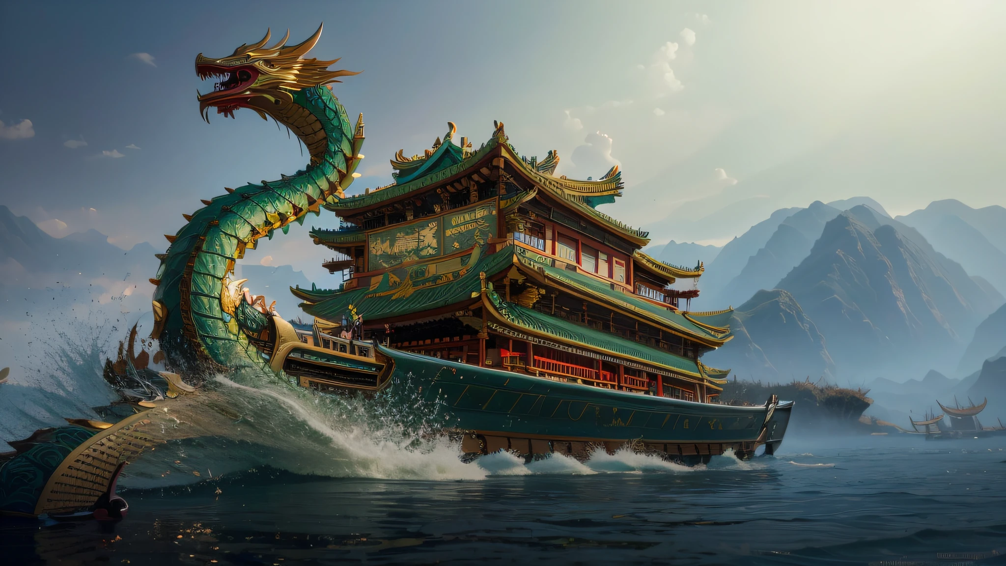 painting of a dragon boat in the middle of a large body of water, chinese dragon concept art, sea serpent, queen of the sea mu yanling, feng zhu concept art, by Li Zai, by Arthur Pan, by Qu Leilei, inspired by Fenghua Zhong, g liulian art style, chinese fantasy, inspired by Dong Yuan