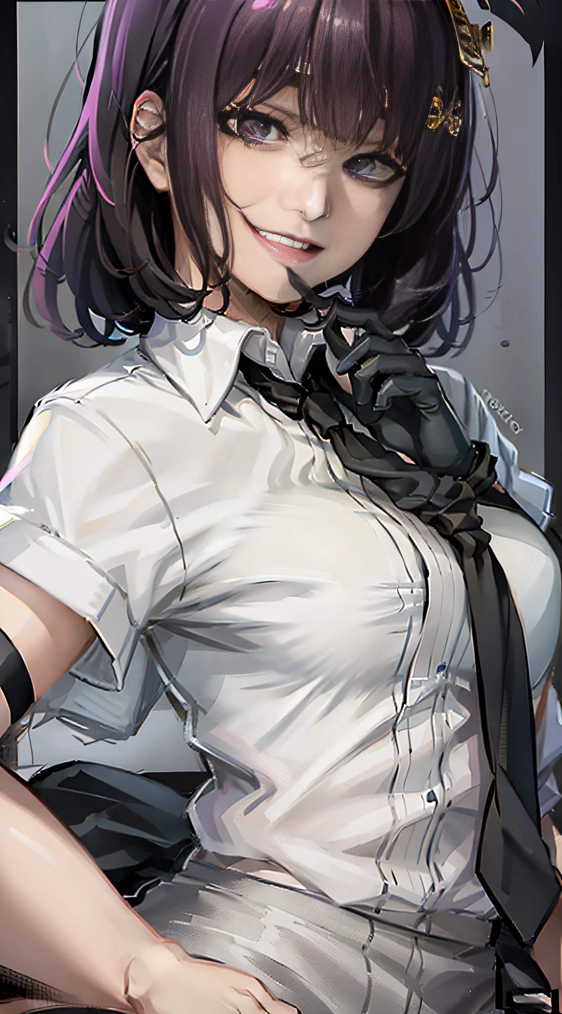 (masterpiece, best quality:1.2), upper body, solo, 1girl, yosano akiko, evil grin, looking at viewer, hands on own face, bangs, hair ornament, constricted pupils, white collared shirt, short sleeves, black necktie, black gloves, doctor's office