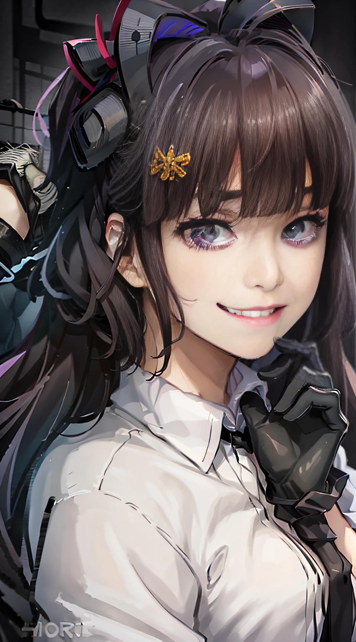 (masterpiece, best quality:1.2), upper body, solo, 1girl, yosano akiko, evil grin, looking at viewer, hands on own face, bangs, hair ornament, constricted pupils, white collared shirt, short sleeves, black necktie, black gloves, doctor's office