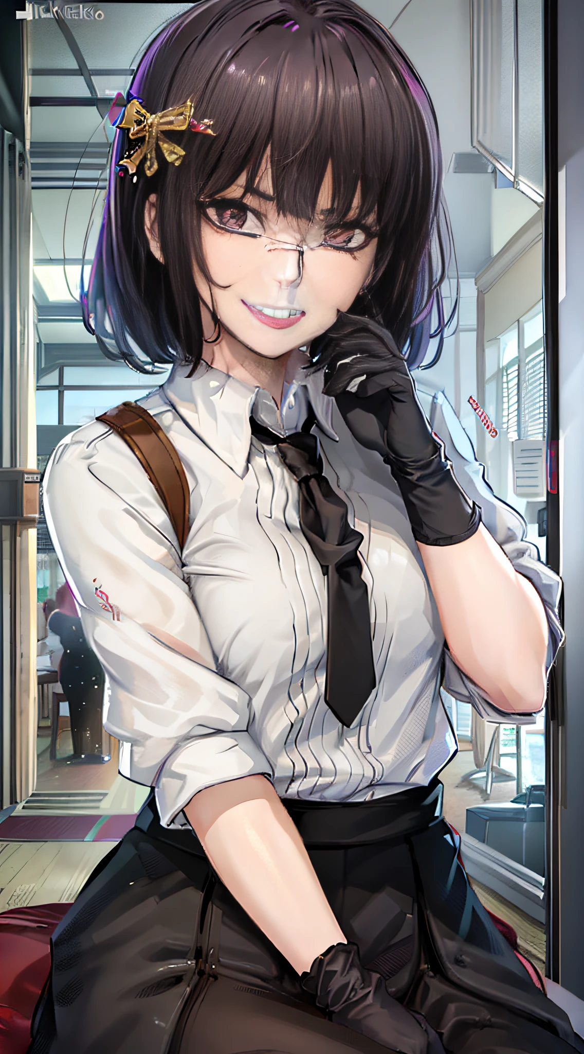 (masterpiece, best quality:1.2), upper body, solo, 1girl, yosano akiko, evil grin, looking at viewer, hands on own face, bangs, hair ornament, constricted pupils, white collared shirt, short sleeves, black necktie, black gloves, doctor's office