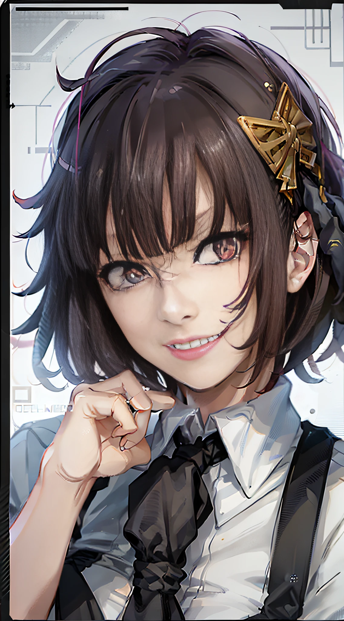 (masterpiece, best quality:1.2), upper body, solo, 1girl, yosano akiko, evil grin, looking at viewer, hands on own face, bangs, hair ornament, constricted pupils, white collared shirt, short sleeves, black necktie, black gloves, doctor's office