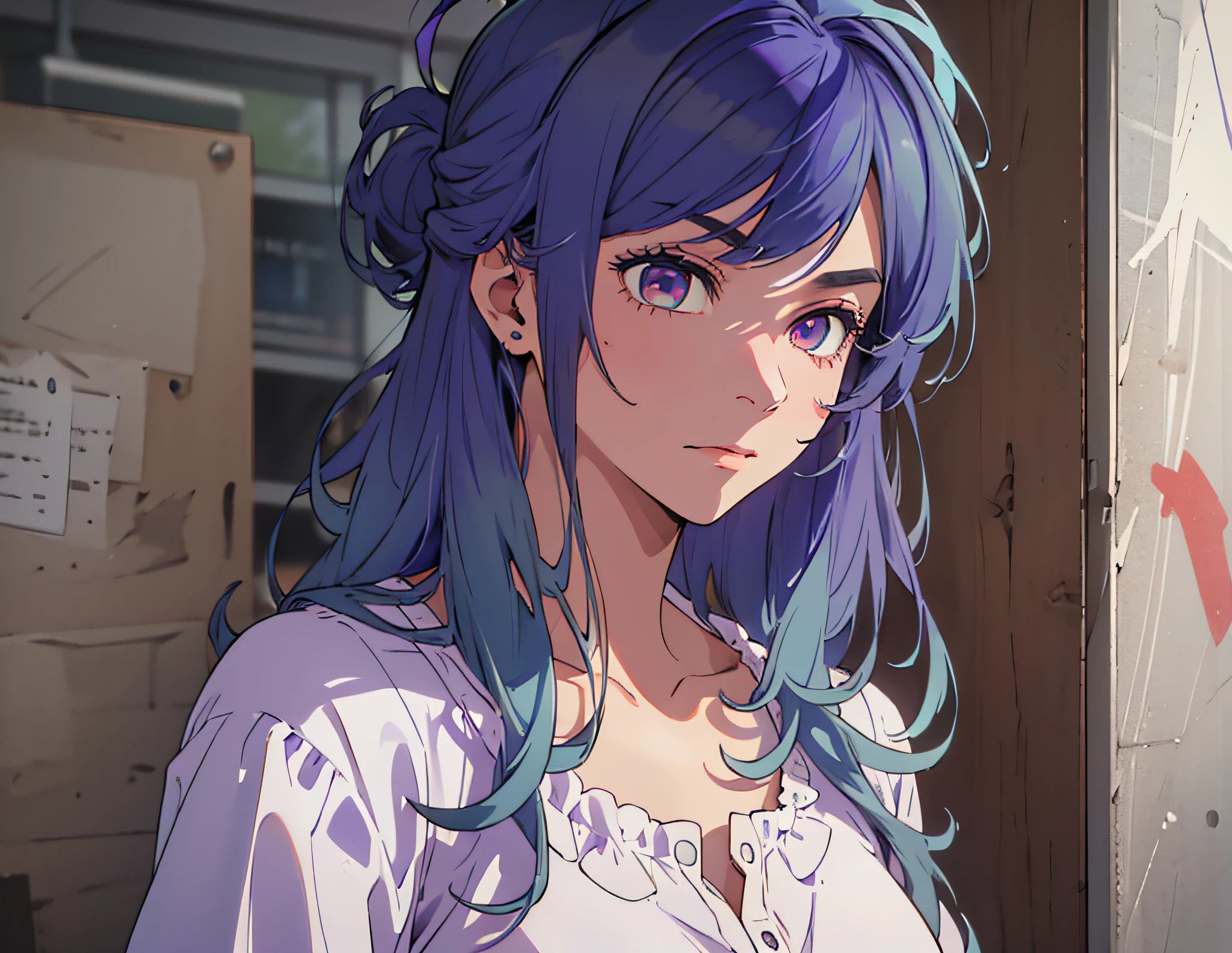 (((1girl))), ((((solo)))), ((messy hairstyle)), standing taking a picture, (((blue-violet hair)), red eyes, soft blouse