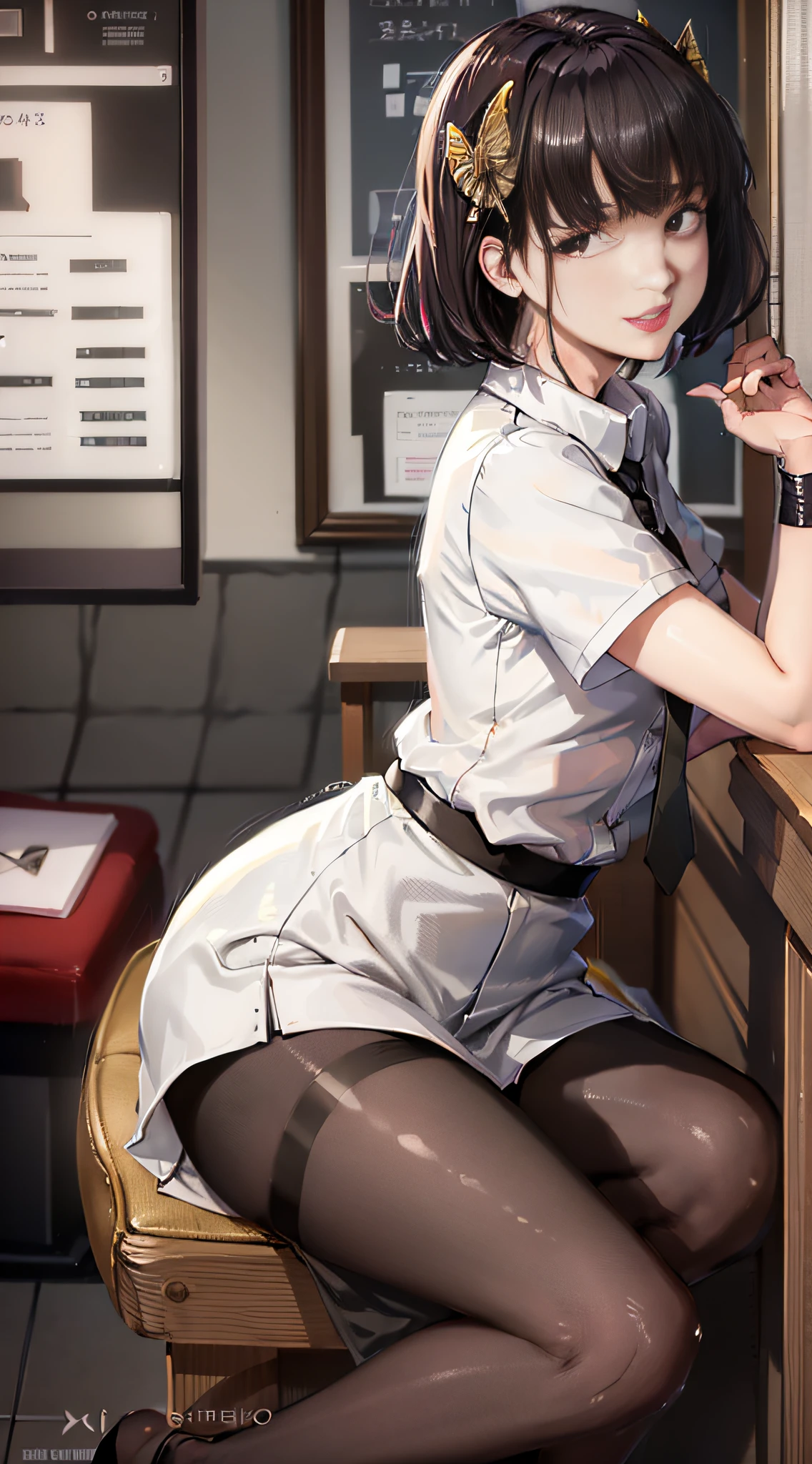 (masterpiece, best quality:1.2), solo, 1girl, yosano akiko, smile, looking at viewer, sitting on a stool, bangs, butterfly hair ornament, white collared shirt, black necktie, short sleeves, black skirt, black pantyhose, black gloves, nurse's office, doctor's office