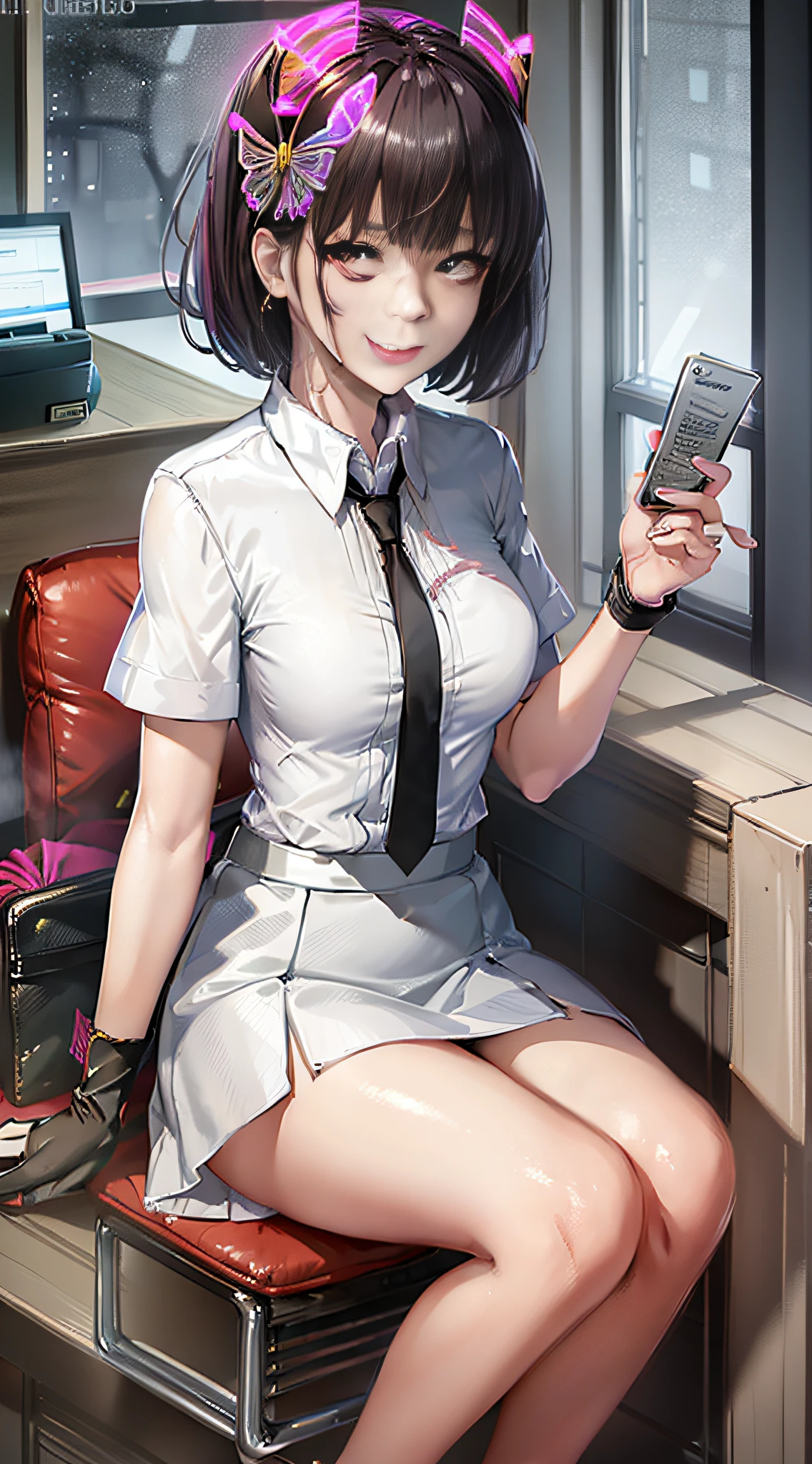 (masterpiece, best quality:1.2), solo, 1girl, yosano akiko, smile, looking at viewer, sitting on a stool, bangs, butterfly hair ornament, white collared shirt, black necktie, short sleeves, black skirt, black pantyhose, black gloves, nurse's office, doctor's office