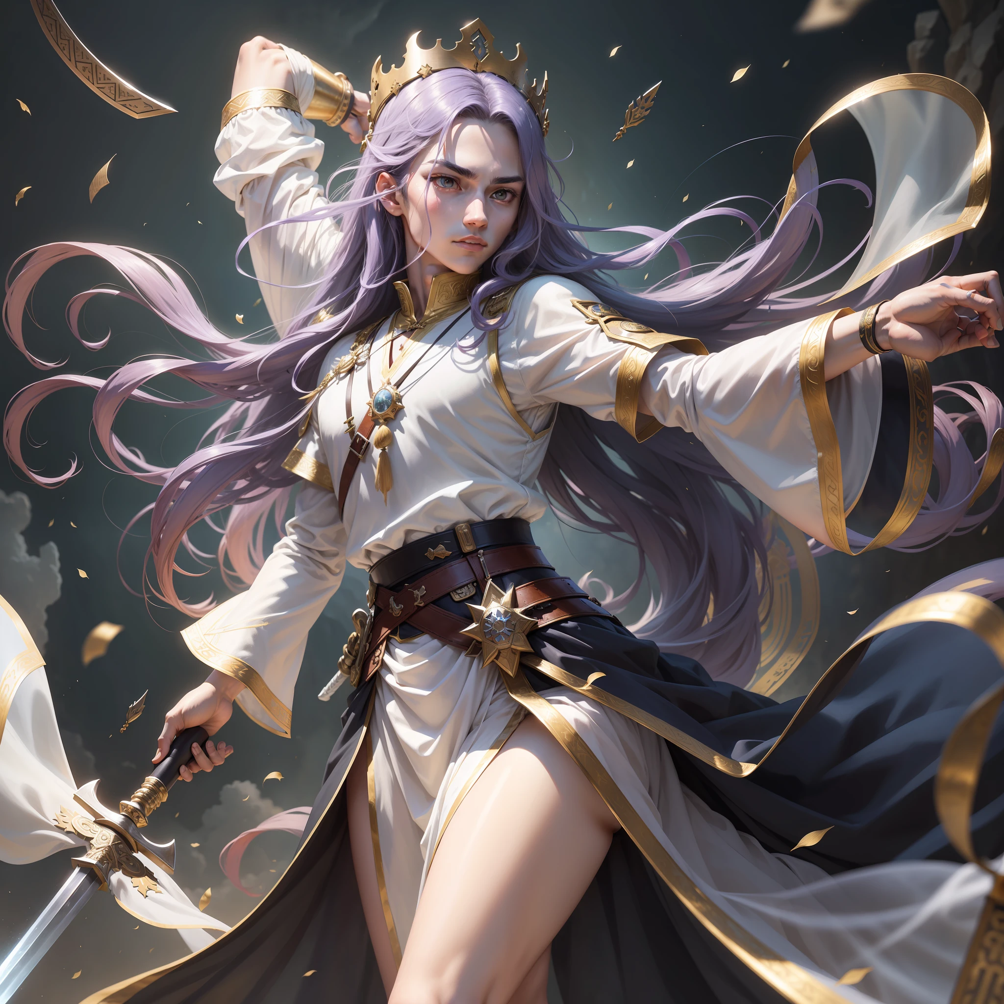 Boy, ancient costume, imperial sword flight, clear shirt, back with scabbard, long hair, hair crown, handsome, flying sword surrounding, sky, eyes like a torch, eyebrows clear, delicate facial features, tall figure, waist jade pendant, there is a skirt knife