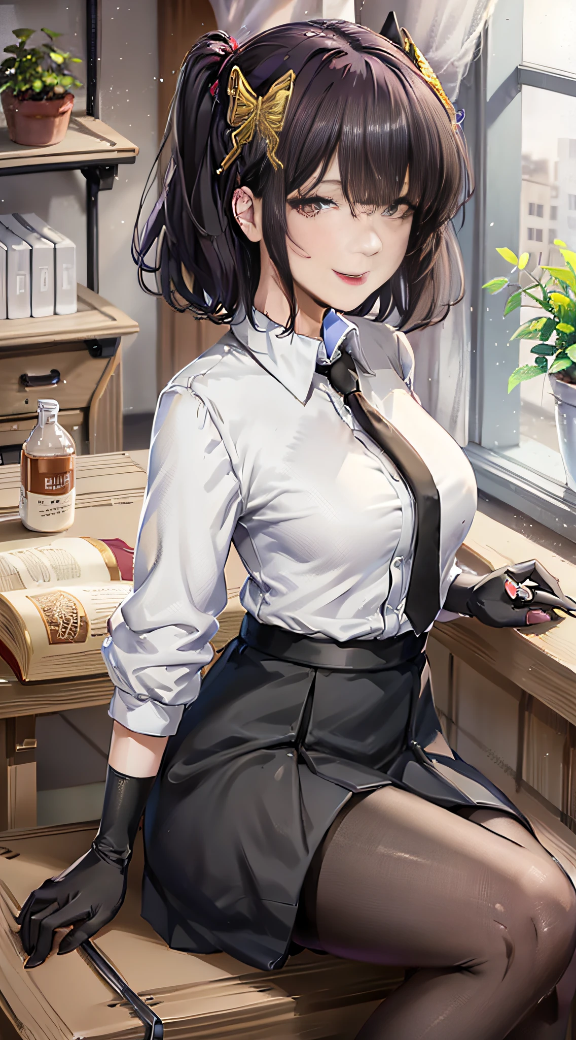 (masterpiece, best quality:1.2), solo, 1girl, yosano akiko, smile, looking at viewer, sitting on a stool, bangs, butterfly hair ornament, white collared shirt, black necktie, short sleeves, black skirt, black pantyhose, black gloves, nurse's office, doctor's office