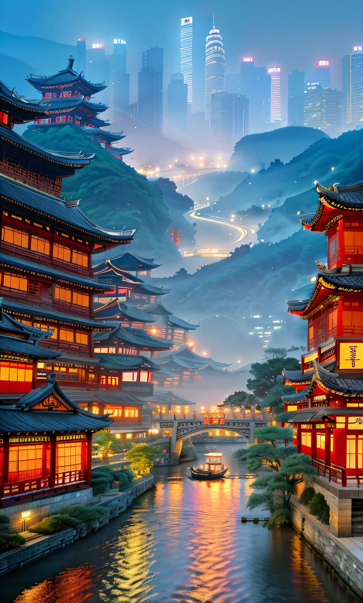 asian architecture in a city at night with a boat passing by, dreamy chinese town, ancient chinese architecture, japanese city, colorful kitsune city, digital painting of a pagoda, japanese city at night, cyberpunk chinese ancient castle, beautiful render of tang dynasty, japanese town, kyoto inspired, chinese architecture, amazing wallpaper, pagodas on hills