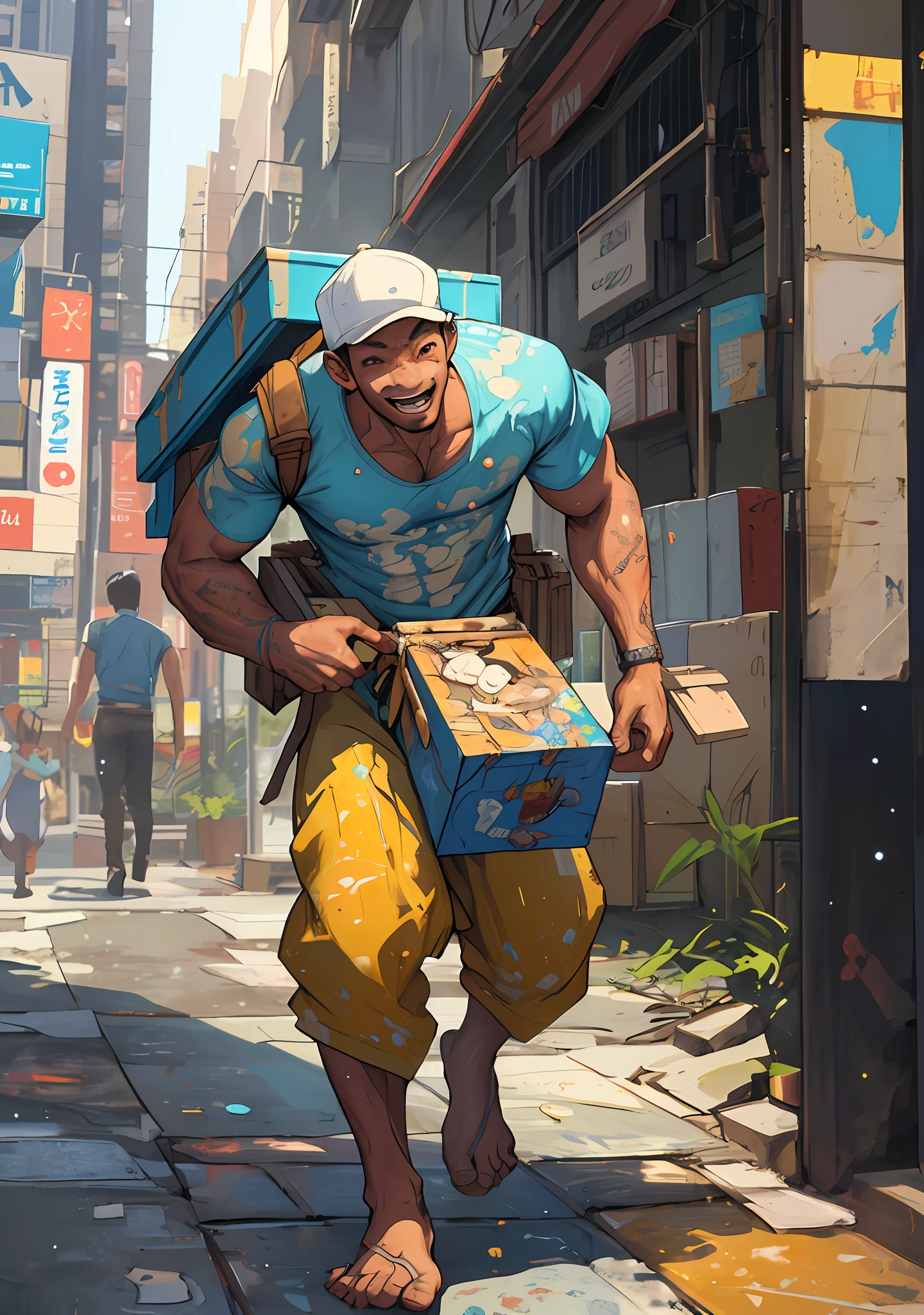 (Painting:1.3) of (Detailed illustration:1.3) A (full body:1.3) shot at 8k resolution, splash art, fantastic comic book style, photorealistic, happy look, anatomical photorealistic digital painting portrait of a Dilivery boy in dhoti and tshirt hero pose rushing to deliver a package in a (metropolitan city:1.3) wearing yellow cap and uniform (holding a delivery Box with Dilivery printed on it), light particle, very detailed skin, very detailed eyes, concept artist, global illumination, depth of field, splash art, trending on DeviantArt.