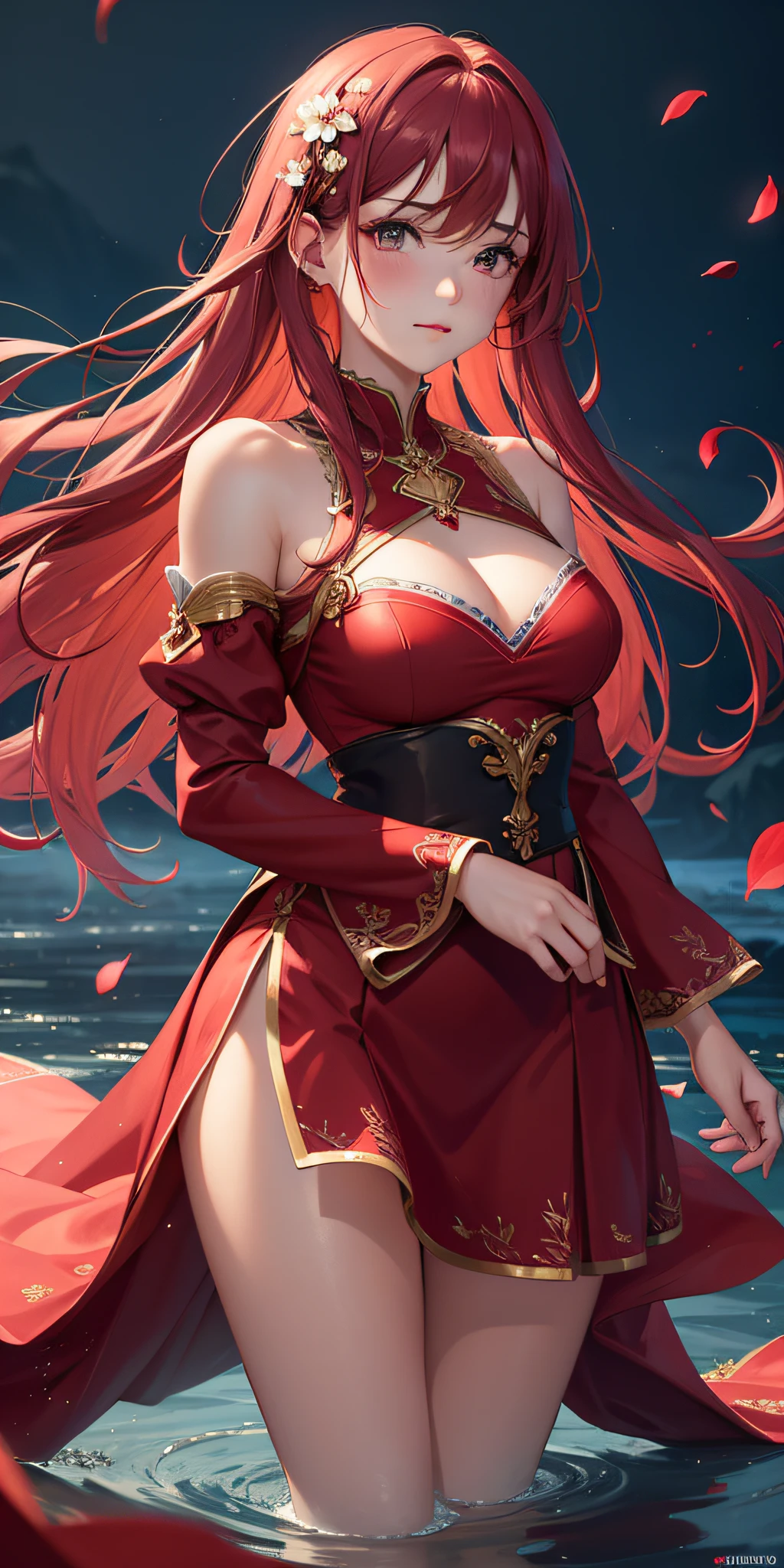 Close-up, looking at the camera, beautiful girl, garlic, flower, (beautiful girl), delicate facial features, detailed portrayal of the corners of the eyes, bust photo, moist lips, sad eyes, tears, crying, long red hair, smooth and delicate skin, ((red clothes)), red long skirt, exposed thighs, brilliant and colorful, fantasy art, mysticism, dream scenes, dreams, dream lights, seduction, psychedelic, misty halo, (((night))), ((night)), riverbank, full of flowers on the other side, dream, Flying red tiny petals, red fluorescent petals, fluorescent flowers, fluorescent flowing water, standing in the water, shallow water, master works, extreme details, dissecting correctly, correct limbs, accurate, hud, HD, exquisite details, 8K, red light