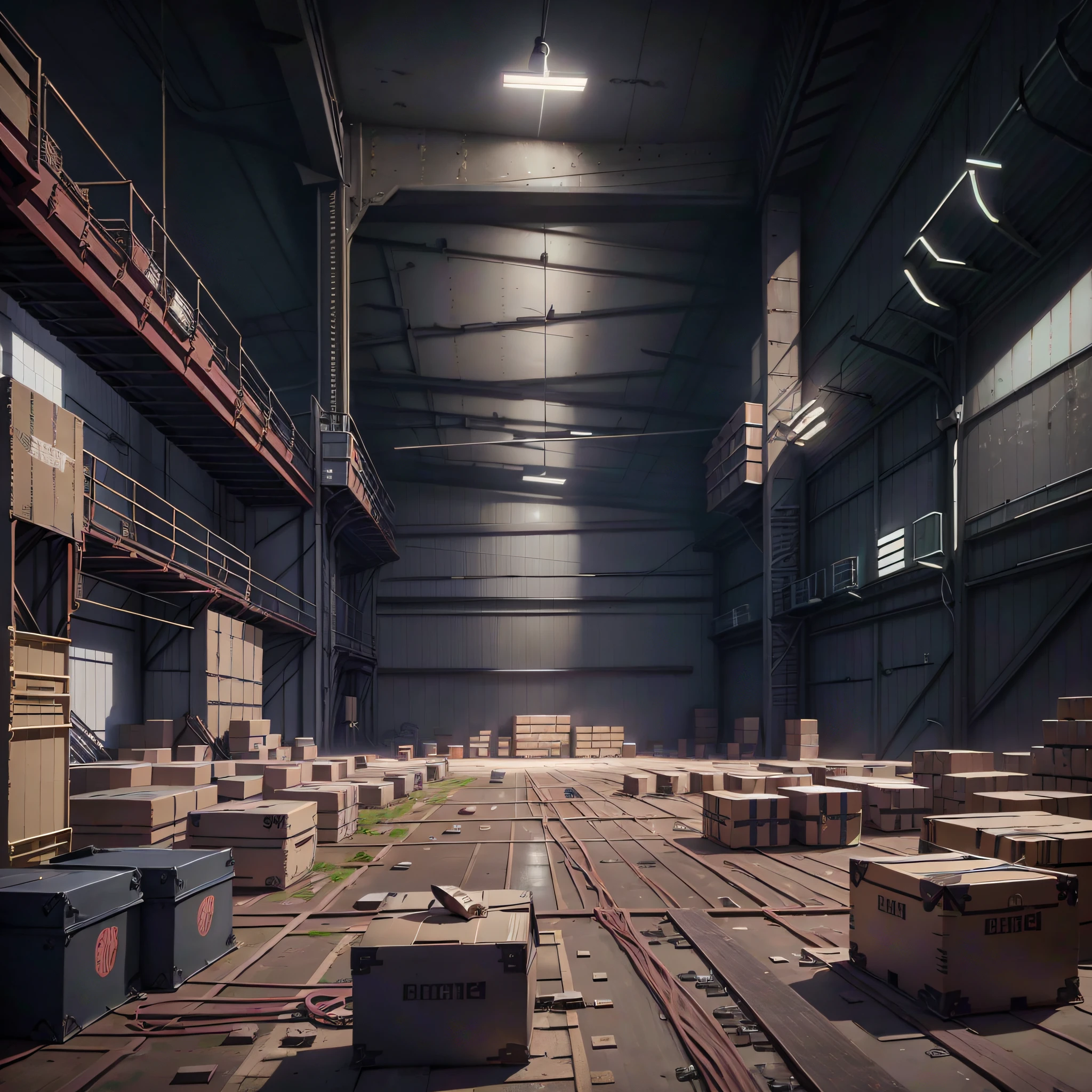 Inside the factory has boxes, factory background, interior lights, no sunlight [[1]], Overwatch building, [[empty factory]] background, interior background art, dark hangar background, weapon shop interior, random background scene, background art, secret shady lab, Overwatch design, EVA Unit-00 in the back, mirror edge art style, --s1 --auto