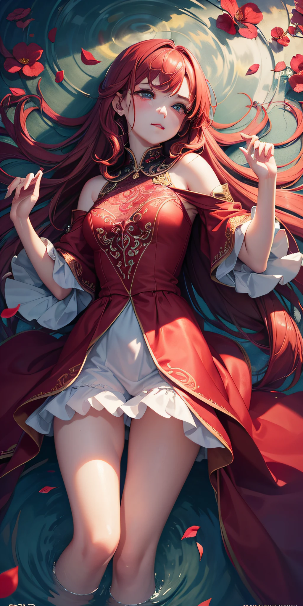 Close-up, looking at the camera, beautiful girl, garlic, flower, (beautiful girl), delicate facial features, detailed portrayal of the corners of the eyes, bust photo, moist lips, sad eyes, tears, crying, long red hair, smooth and delicate skin, ((red clothes)), red long skirt, exposed thighs, brilliant and colorful, fantasy art, mysticism, dream scenes, dreams, dream lights, seduction, psychedelic, misty halo, (((night))), ((night)), riverbank, full of flowers on the other side, dream, Flying red tiny petals, red fluorescent petals, fluorescent flowers, fluorescent flowing water, standing in the water, shallow water, master works, extreme details, dissecting correctly, correct limbs, accurate, hud, HD, exquisite details, 8K, red light