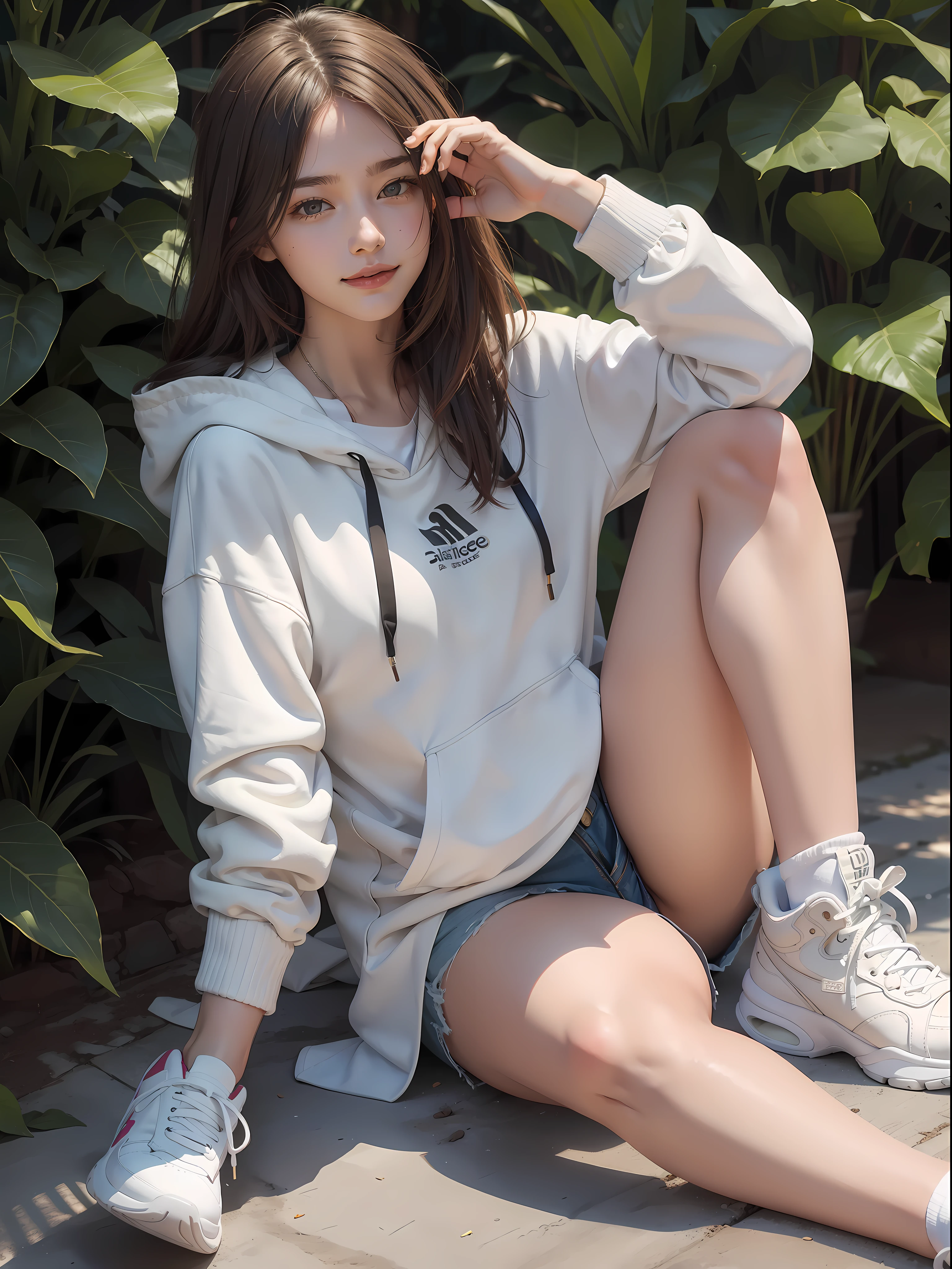 Masterpiece, solo, best quality, 1 woman, adult, delicate eyes, intricate details, casual wear, oversized hood, shorts, tennis shoes, messy brown hair, medium length hair, intricate pattern, best light and shadow, background inside the house, sitting, dappled sun, daytime, depth of field, plants, summer, colorful, art, depth of field, smile, closed mouth