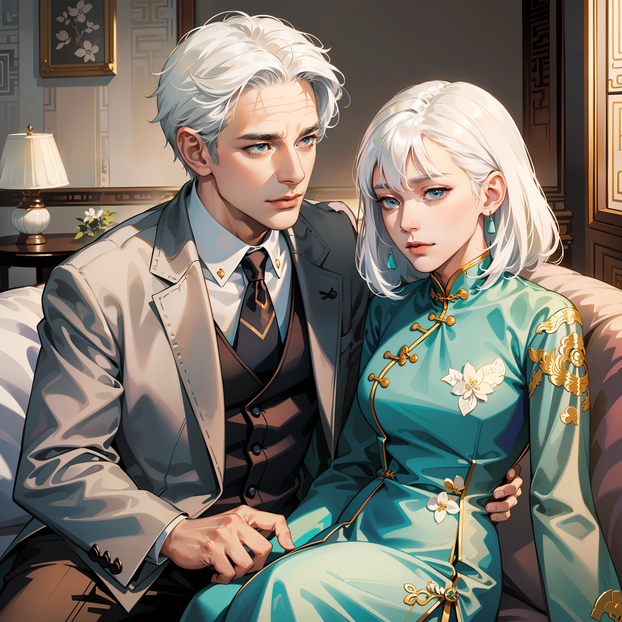 A man (middle-aged, white hair, wrinkled, dark skin, wearing a suit) and a woman (middle-aged, white hair, wrinkled, wearing a cyan cheongsam), looking at each other, sitting on sofa, living room background