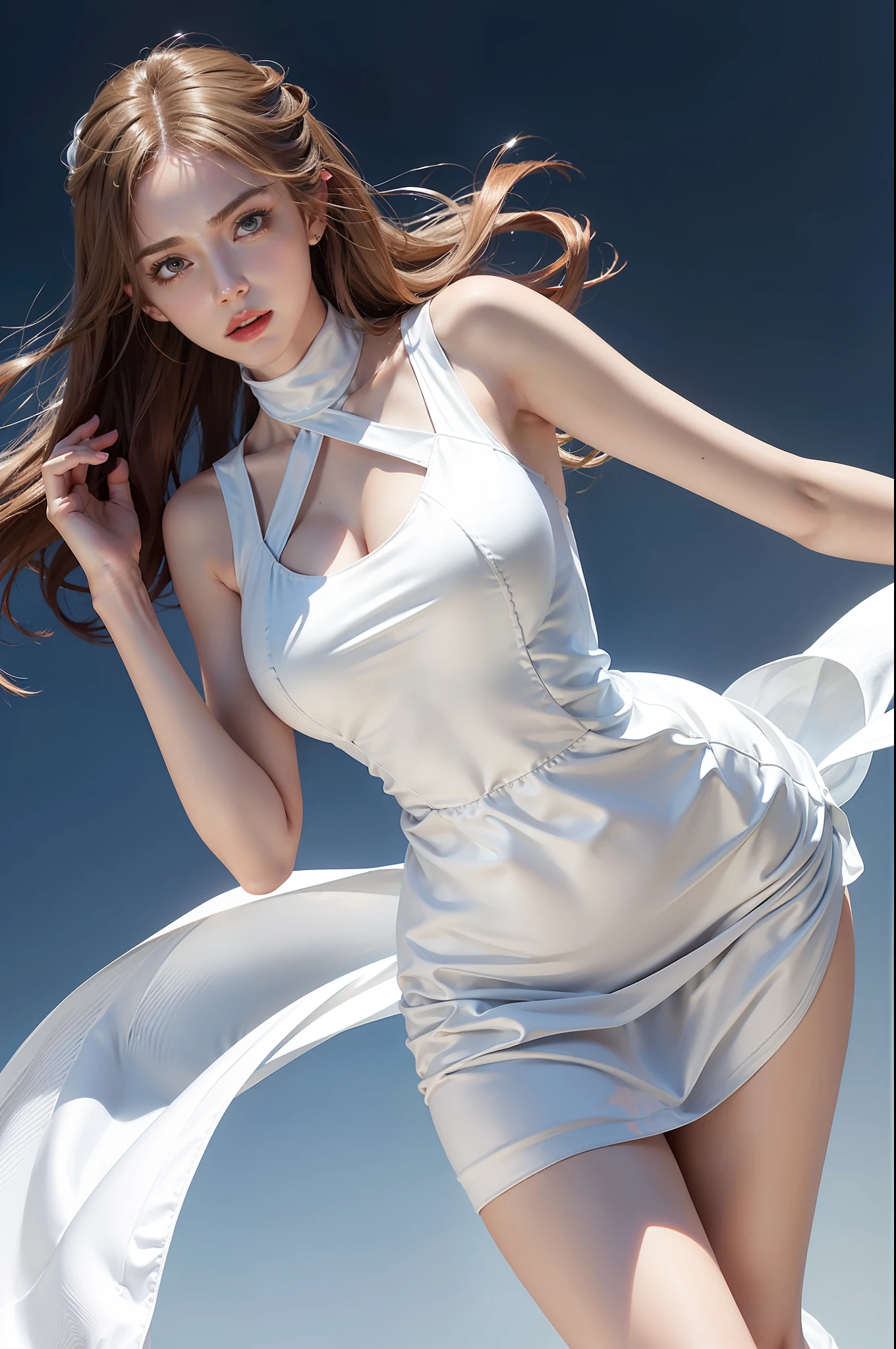 À la Fed woman in a white silk dress with very thin fabric, tight outfit, pretty girl in a tank suit, tight outfit, better known as amouranth, a winding hourglass figure, wearing tight simple clothes, wearing a tight miniskirt dress, Amrans, wearing a white dress, a smooth white tight clothes miniskirt, white body, Angela White, (No Bra), (18K), (Best Quality: 1.2), (Realistic), (Photorealistic: 1.4), Super Detail, Huge File Size,