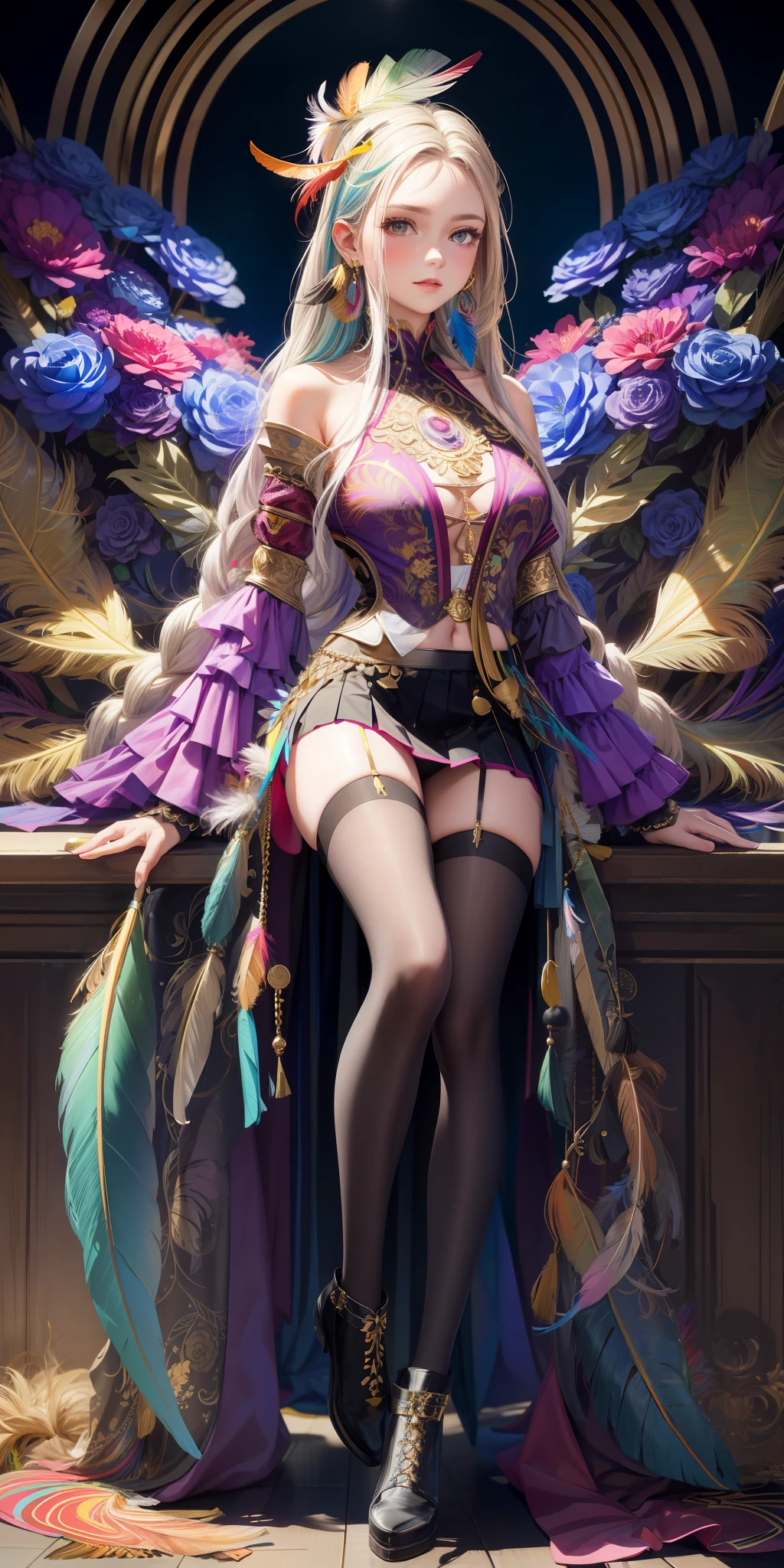 Wearing a colorful feather skirt + black stockings