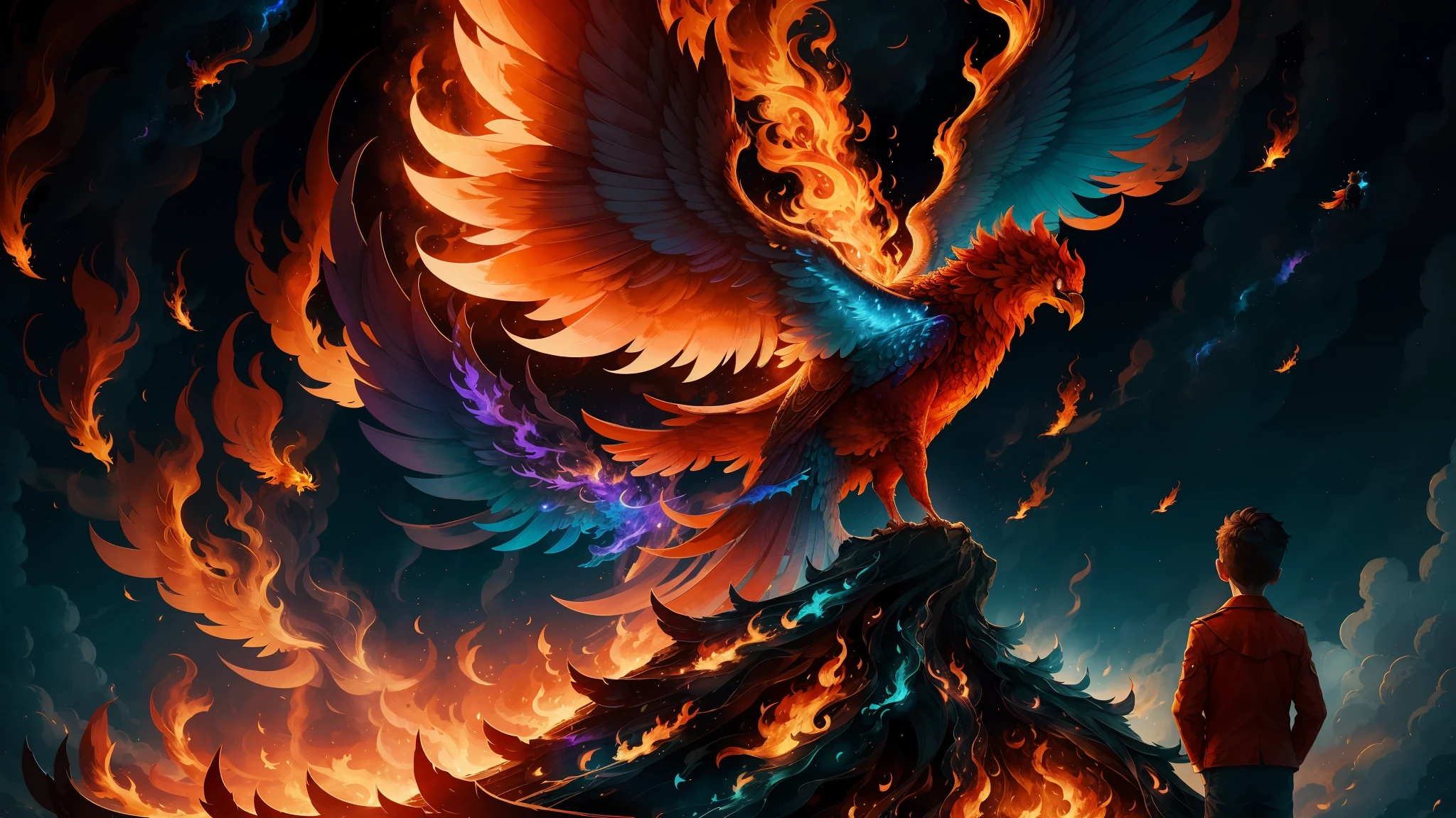 A boy standing with his back turned to the sky, amazed and happy seeing the phoenix engulfed in flames taking flight, at night, sparks, contrasting color, stars, fire, contrasting, iridescent and enchanting lighting, textures, intricate details --auto --s2