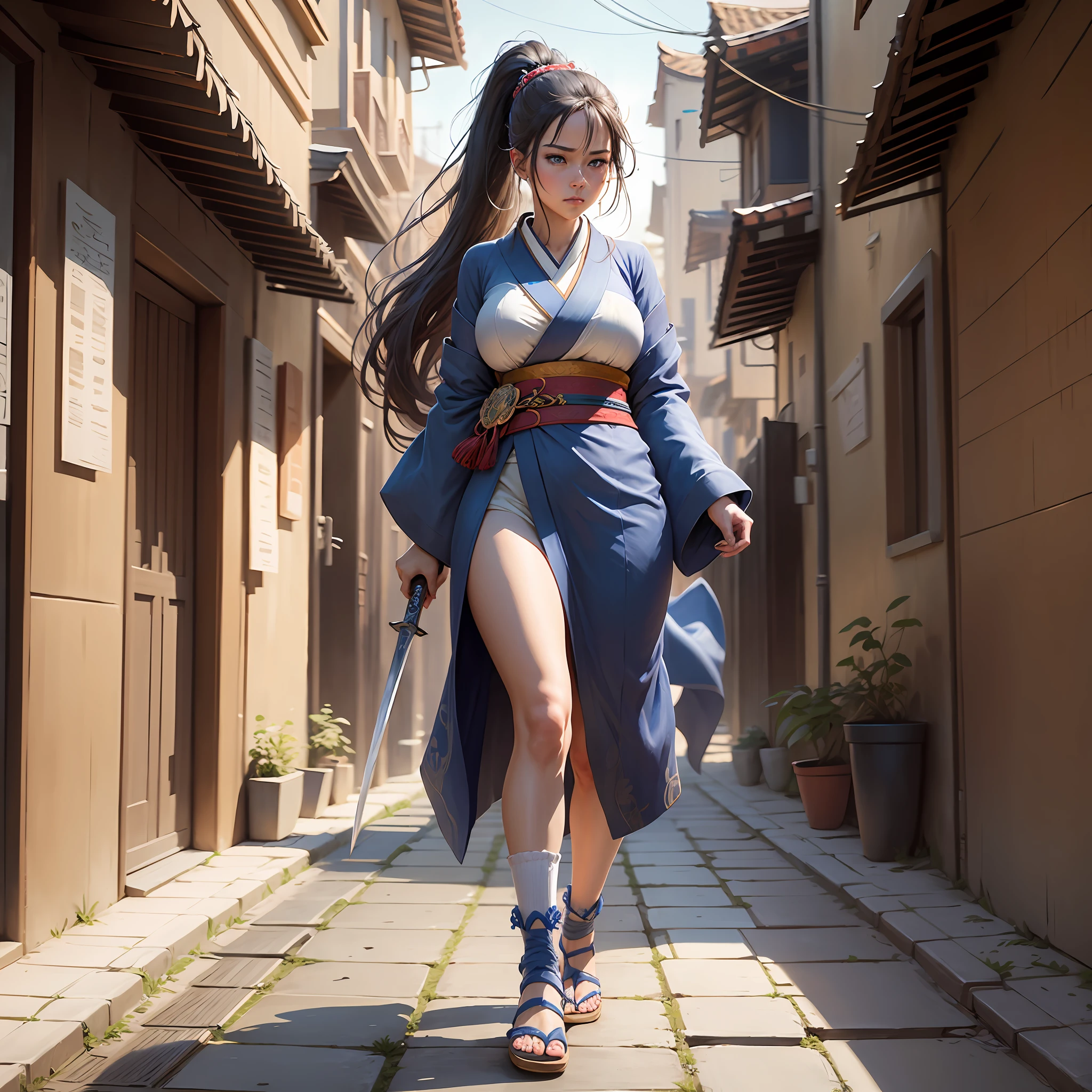 masterpiece, best quality, 1girl, solo, long_hair, big breasts, kimono, closed_mouth, standing, ponytail, walking down the street of an ancient city, sword, digital art, anime, artstation, drawing, well-defined blue eyes, powerful aura, wooden slipper, sock on feet --auto --s2