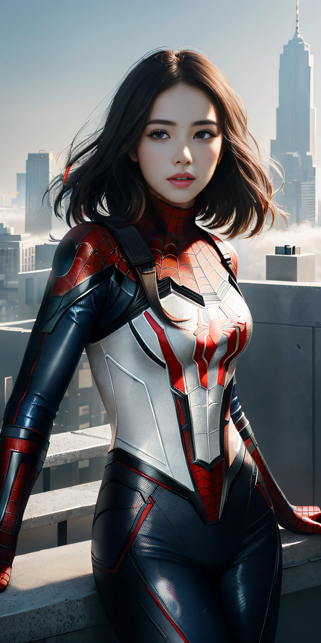 (1girl:1.3), Solo, (((Very detailed face)))), ((Very detailed eyes and face)))), Beautiful detail eyes, Body parts__, Official art, Unified 8k wallpaper, Super detailed, beautiful and beautiful, beautiful, masterpiece, best quality, original, masterpiece, super fine photo, best quality, super high resolution, realistic realism, sunlight, full body portrait, amazing beauty, dynamic pose, delicate face, vibrant eyes, (from the front), She wears Spider-Man suit, red and black color scheme, spider, very detailed city roof background, rooftop, overlooking the city, detailed face, detailed complex busy background, messy, gorgeous, milky white, highly detailed skin, realistic skin details, visible pores, clear focus, volumetric fog, 8k uhd, DSLR, high quality, film grain, fair skin, photo realism, lomography, futuristic dystopian megalopolis, translucent