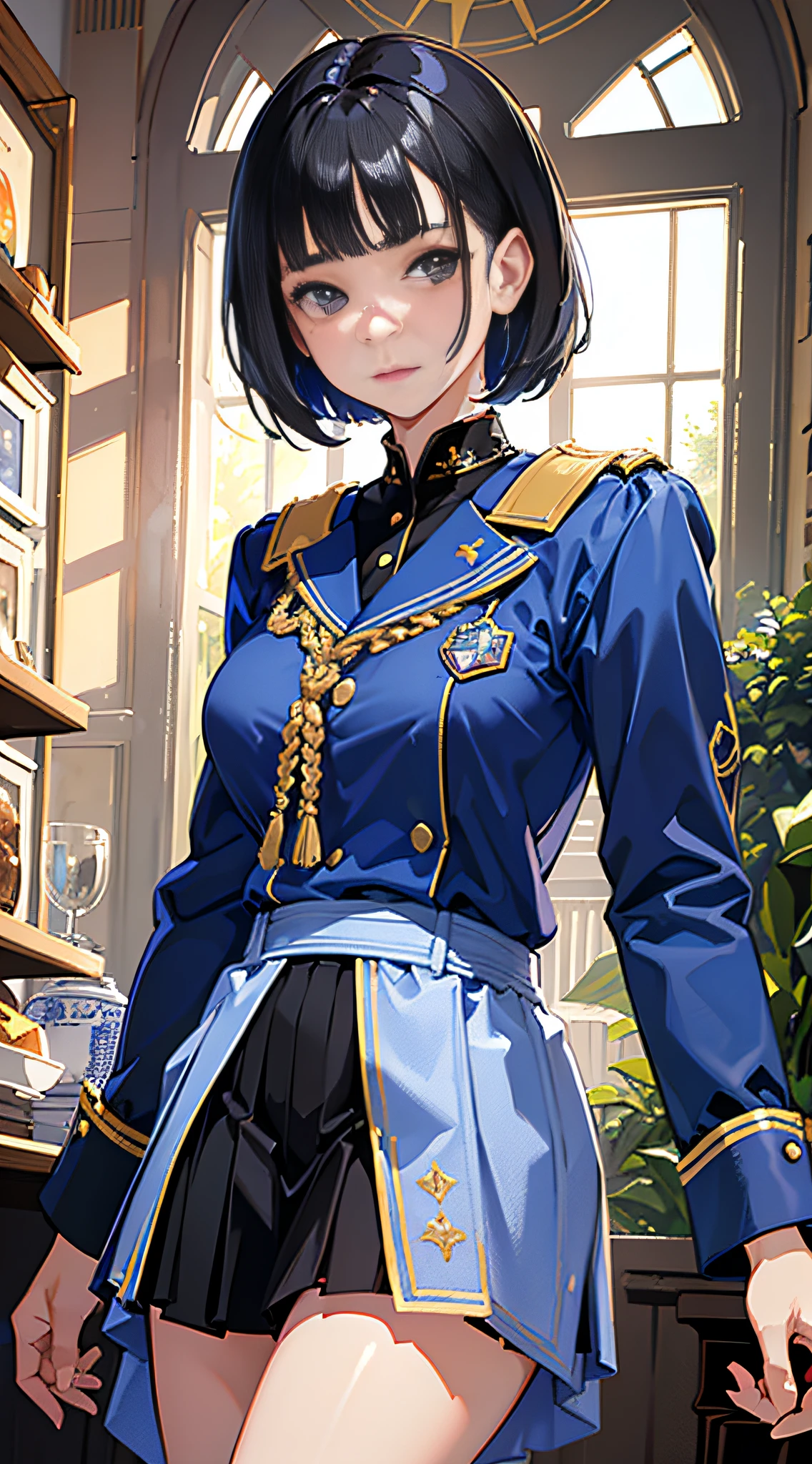 (highest resolution, distinct_image), best quality, masterpiece, very detailed, semi-realistic, woman with short black hair, mature woman, triple bangs, blue uniform, blue pleated skirt, military uniform, main perspective, military school, meals, lunch, with classmates,
