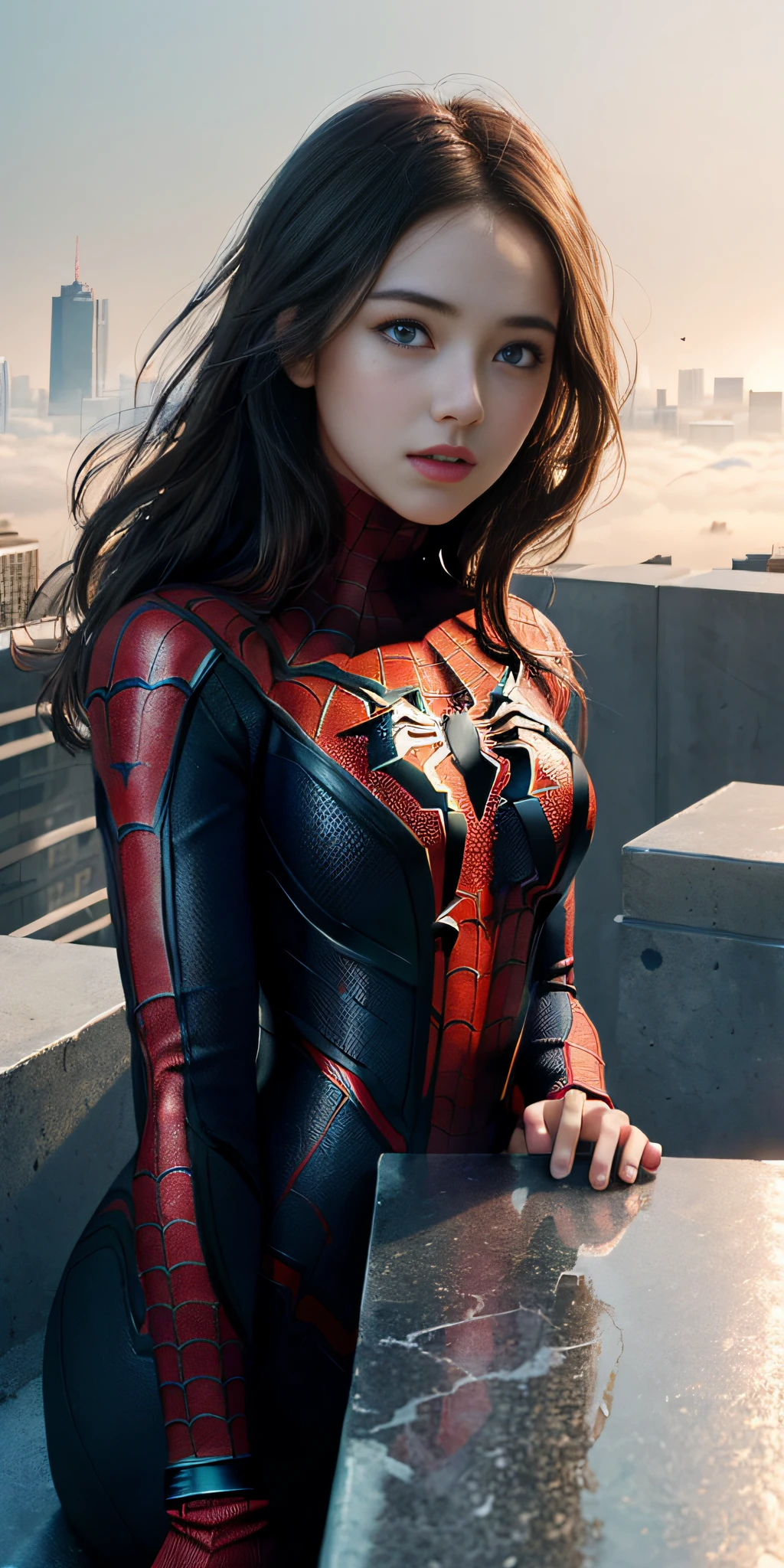 (1girl:1.3), Solo, (((Very detailed face)))), ((Very detailed eyes and face)))), Beautiful detail eyes, Body parts__, Official art, Unified 8k wallpaper, Super detailed, beautiful and beautiful, beautiful, masterpiece, best quality, original, masterpiece, super fine photo, best quality, super high resolution, realistic realism, sunlight, full body portrait, amazing beauty, dynamic pose, delicate face, vibrant eyes, (from the front), She wears Spider-Man suit, red and black color scheme, spider, very detailed city roof background, rooftop, overlooking the city, detailed face, detailed complex busy background, messy, gorgeous, milky white, highly detailed skin, realistic skin details, visible pores, clear focus, volumetric fog, 8k uhd, DSLR, high quality, film grain, fair skin, photo realism, lomography, futuristic dystopian megalopolis, translucent