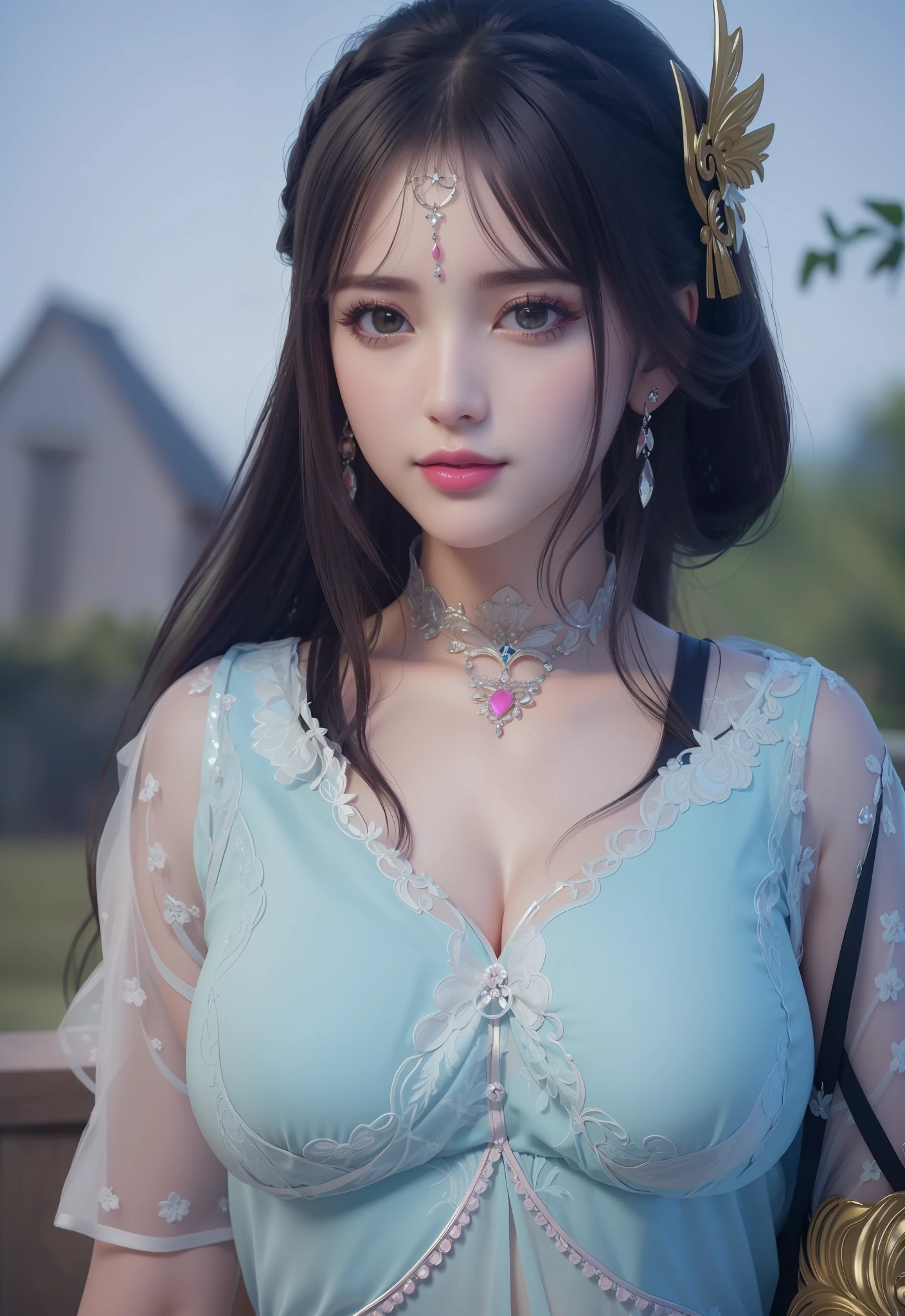 (masterpiece, best quality, extremely detailed 8k, ultra hd, ultra-detailed, highly detailed, highly realistic, ultra-realistic, photo realistic), (1girl:1.5), (detailed realistic skin), (realistic big breasts), (pink lipstick), slender abs,