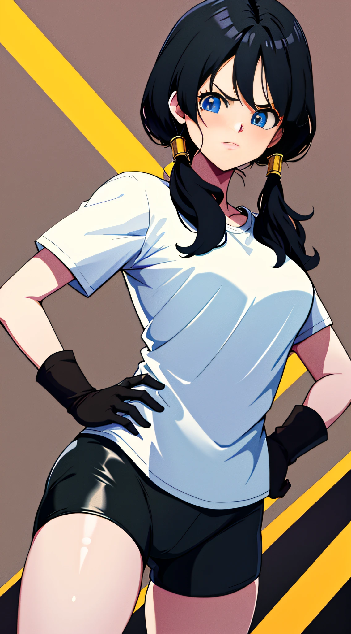 masterpiece, best quality, highres, videl2, solo, blue eyes, black hair, twintails, black gloves, bike_shorts, bangs, white shirt, badge, medium breasts, cowboy shot, frown, hand on hip, leaning forward, pointing at viewer,