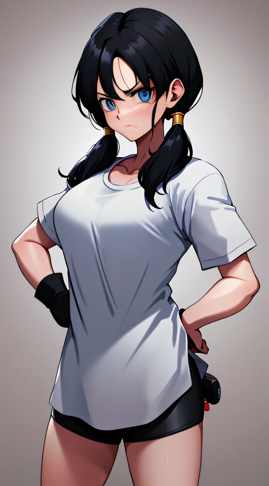 masterpiece, best quality, highres, videl2, solo, blue eyes, black hair, twintails, black gloves, bike_shorts, bangs, white shirt, badge, medium breasts, cowboy shot, frown, hand on hip, leaning forward, pointing at viewer,