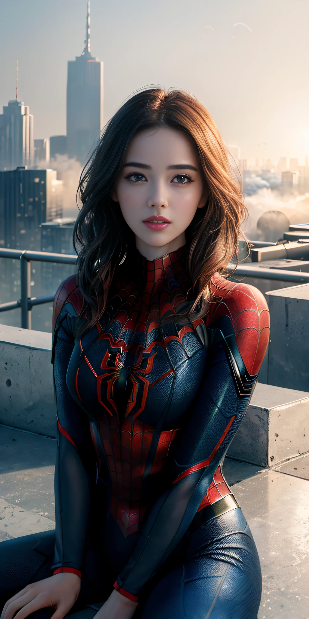 (1girl:1.3), Solo, (((Very detailed face)))), ((Very detailed eyes and face)))), Beautiful detail eyes, Body parts__, Official art, Unified 8k wallpaper, Super detailed, beautiful and beautiful, beautiful, masterpiece, best quality, original, masterpiece, super fine photo, best quality, super high resolution, realistic realism, sunlight, full body portrait, amazing beauty, dynamic pose, delicate face, vibrant eyes, (from the front), She wears Spider-Man suit, red and black color scheme, spider, very detailed city roof background, rooftop, overlooking the city, detailed face, detailed complex busy background, messy, gorgeous, milky white, highly detailed skin, realistic skin details, visible pores, clear focus, volumetric fog, 8k uhd, DSLR, high quality, film grain, fair skin, photo realism, lomography, futuristic dystopian megalopolis, translucent