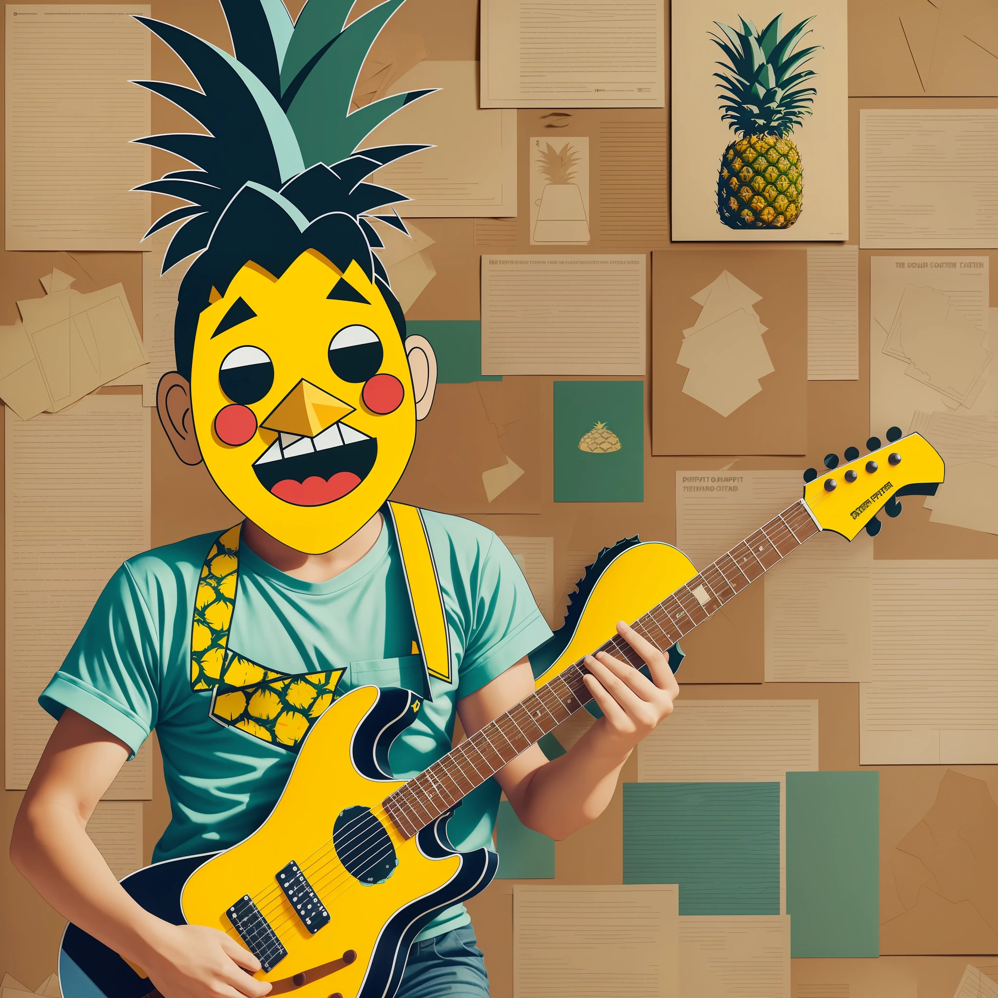 Two-dimensional picture, flat poster, cake, pineapple, guitar; Puppet; Collage poster, cartoon, paper sticker effect --auto --s2