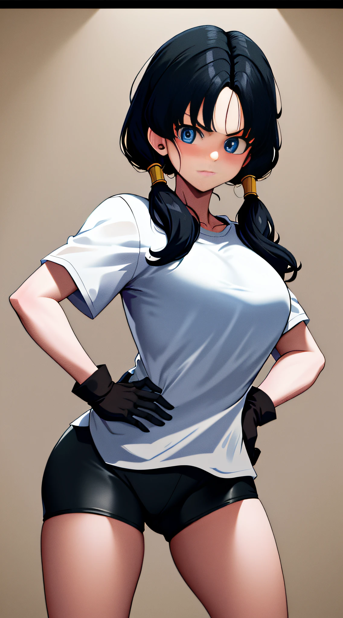 masterpiece, best quality, highres, videl2, solo, blue eyes, black hair, twintails, black gloves, bike_shorts, bangs, white shirt, badge, medium breasts, cowboy shot, frown, hand on hip, leaning forward, pointing at viewer,