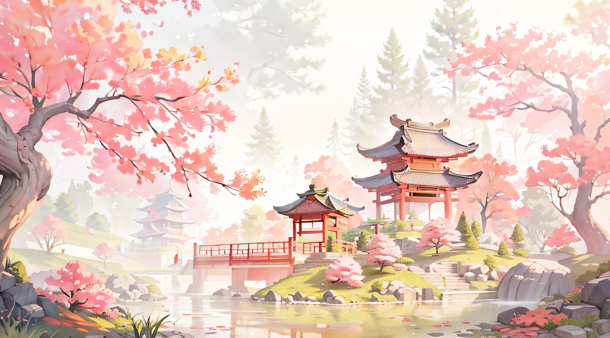 painting of a pagoda in a park with a pond and trees, chinese watercolor style, background artwork, scenery artwork, anime background art, anime background, a beautiful artwork illustration, background art, japanese art style, anime art wallpaper 4 k, anime art wallpaper 4k, oriental wallpaper, chinese fantasy, dreamy chinese town, anime landscape wallpaper, anime beautiful peace scene