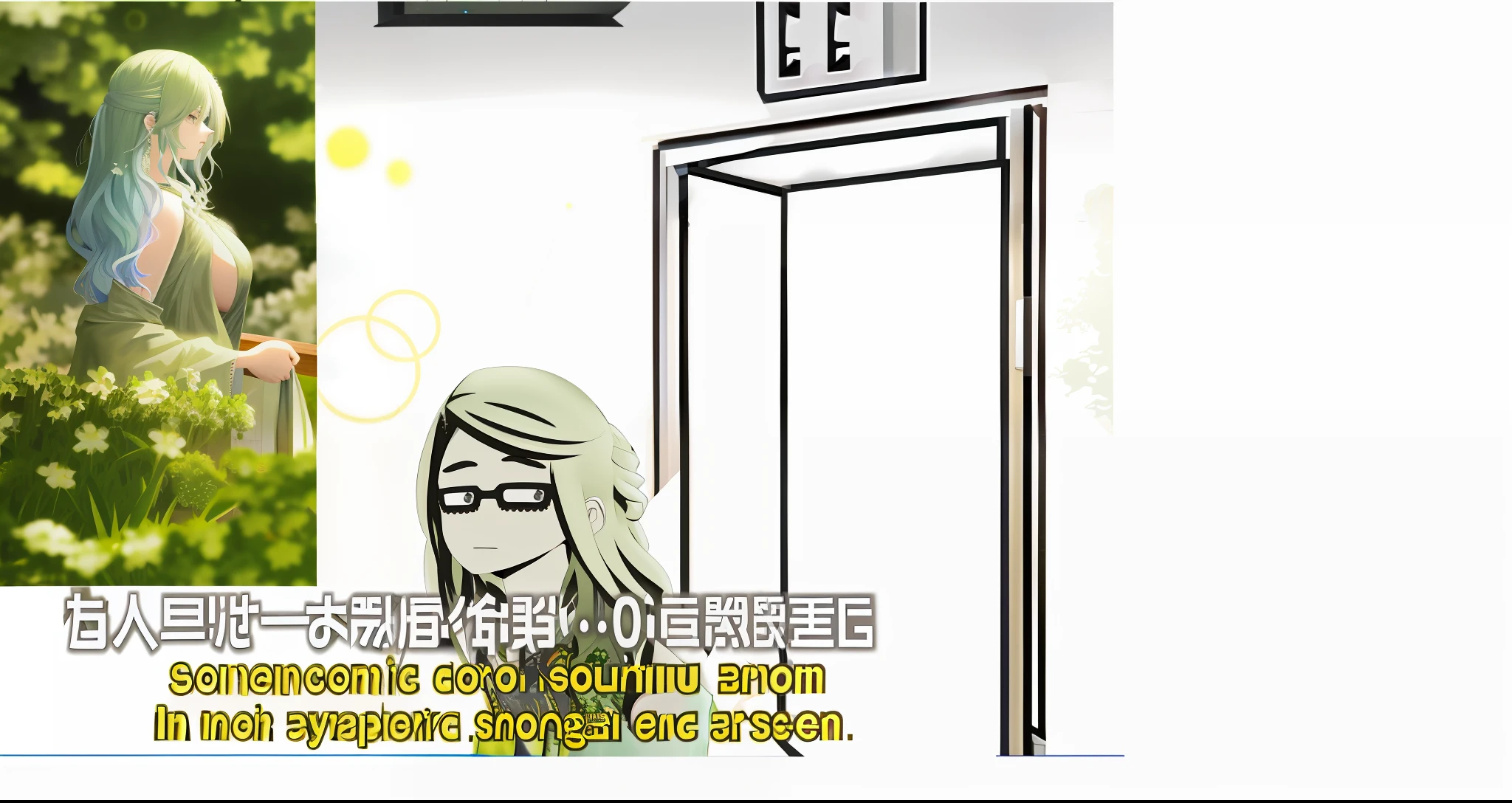 A manga of a woman standing in front of the door, the title is a woman in a green dress, ECT threshold, hospital, [epic, (webtoon), a panel, etc., mid-metaverse, cutscenes, ET, cartoon shadows: 17, very uncomfortable, effects, 4 8 0 p, 480p