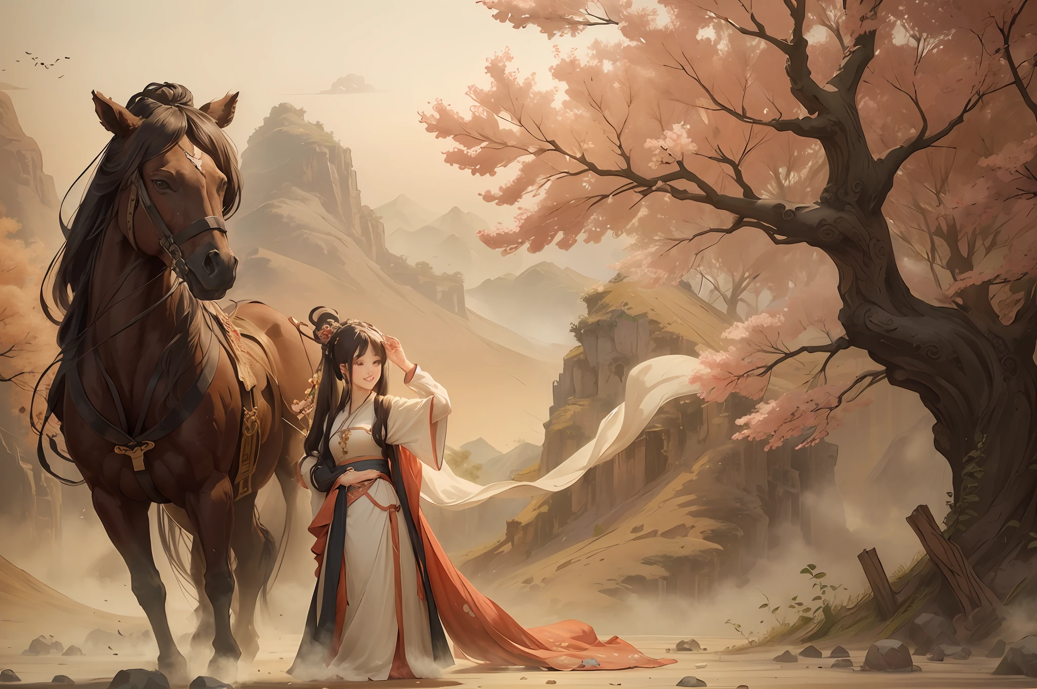 Shuk walking horse, negative space, sunglasses, standing female statue, willow branch, (masterpiece, best quality:1.2), Chinese painting, model style, peace, (smile), looking at the audience, wearing long hanfu, hanfu, song, willow tree in background, five changshuo, on the top of the mountain,