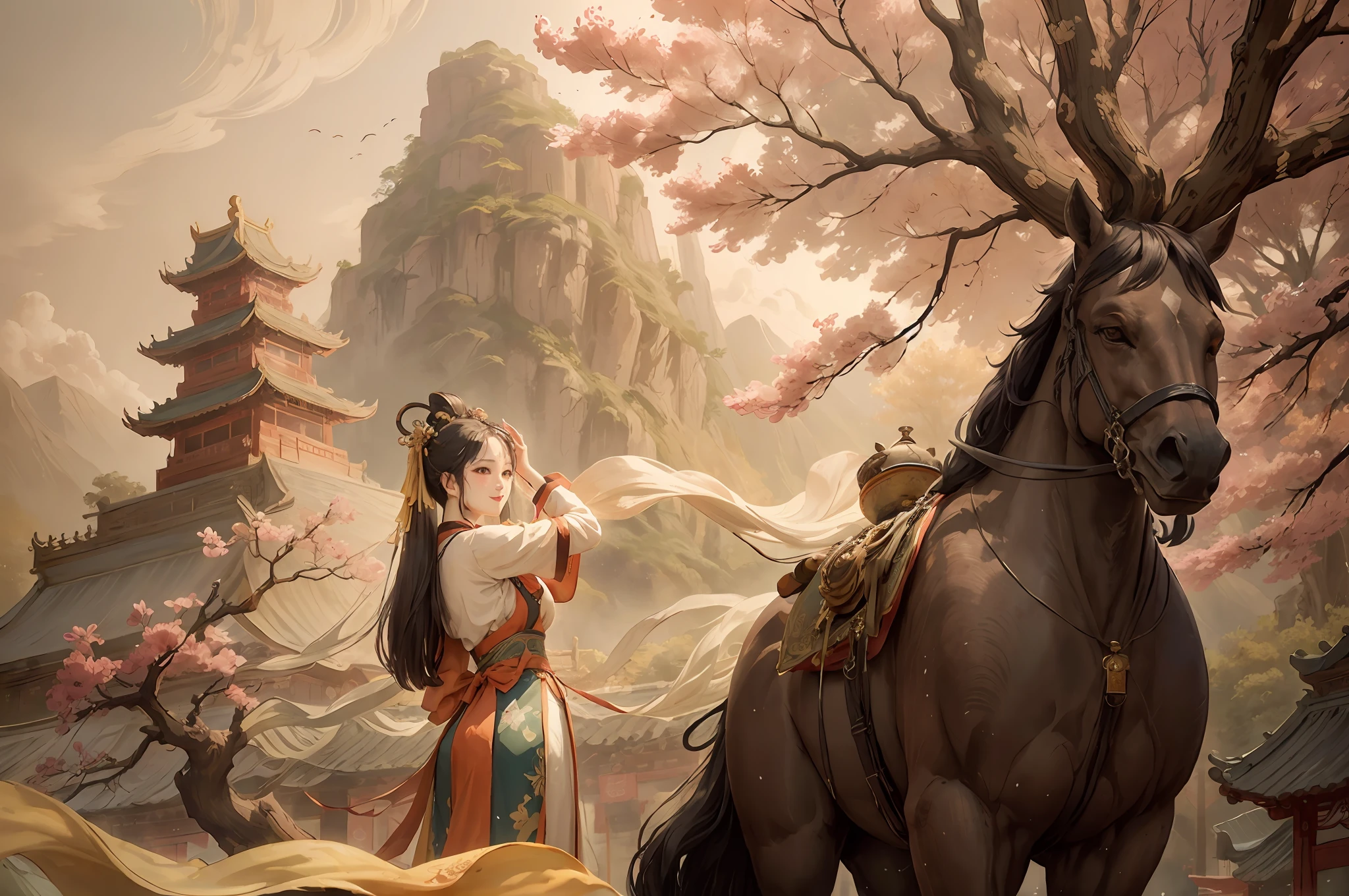 Shuk walking horse, negative space, sunglasses, standing female statue, willow branch, (masterpiece, best quality:1.2), Chinese painting, model style, peace, (smile), looking at the audience, wearing long hanfu, hanfu, song, willow tree in background, five changshuo, on the top of the mountain,