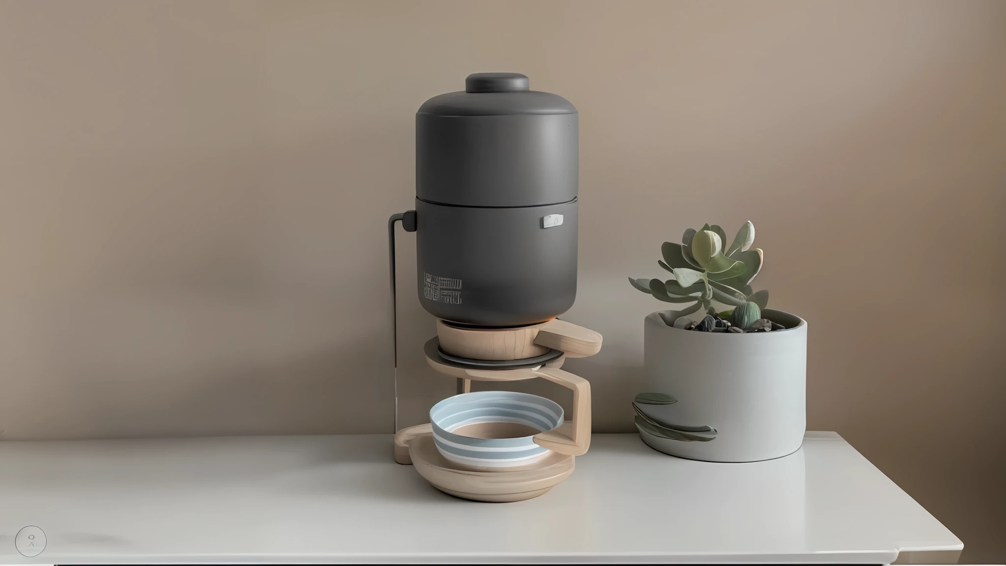 Simple Nordic style table with product on black color, potted plants next to the product as decoration, scene photography, product promotional image, advertising, 8K, potted plants placed next to the product as decoration, potted plants next to the product as decoration