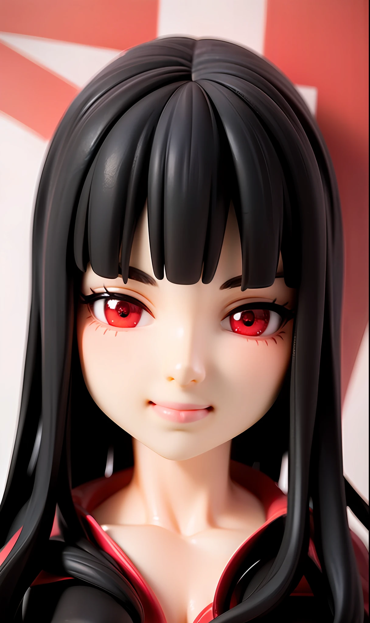 1 girl, black hair, long hair, straight hair, align bangs, red eyes, smile, mouth closed, frontal,