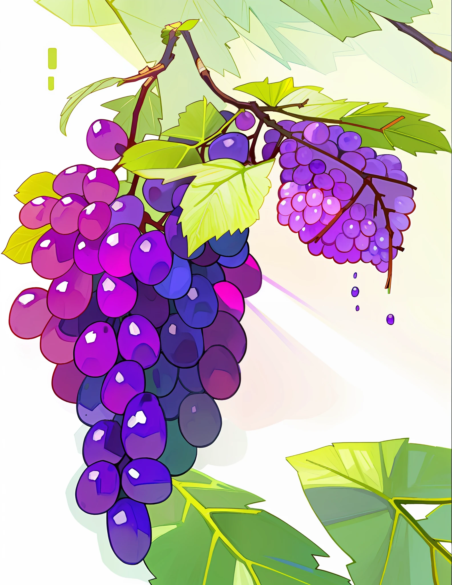 A bunch of grapes on a white background. The grapes are large and juicy, light purple grapes, green leaves. A large leaf, (((white background))), pure white background, each grape is flawless,