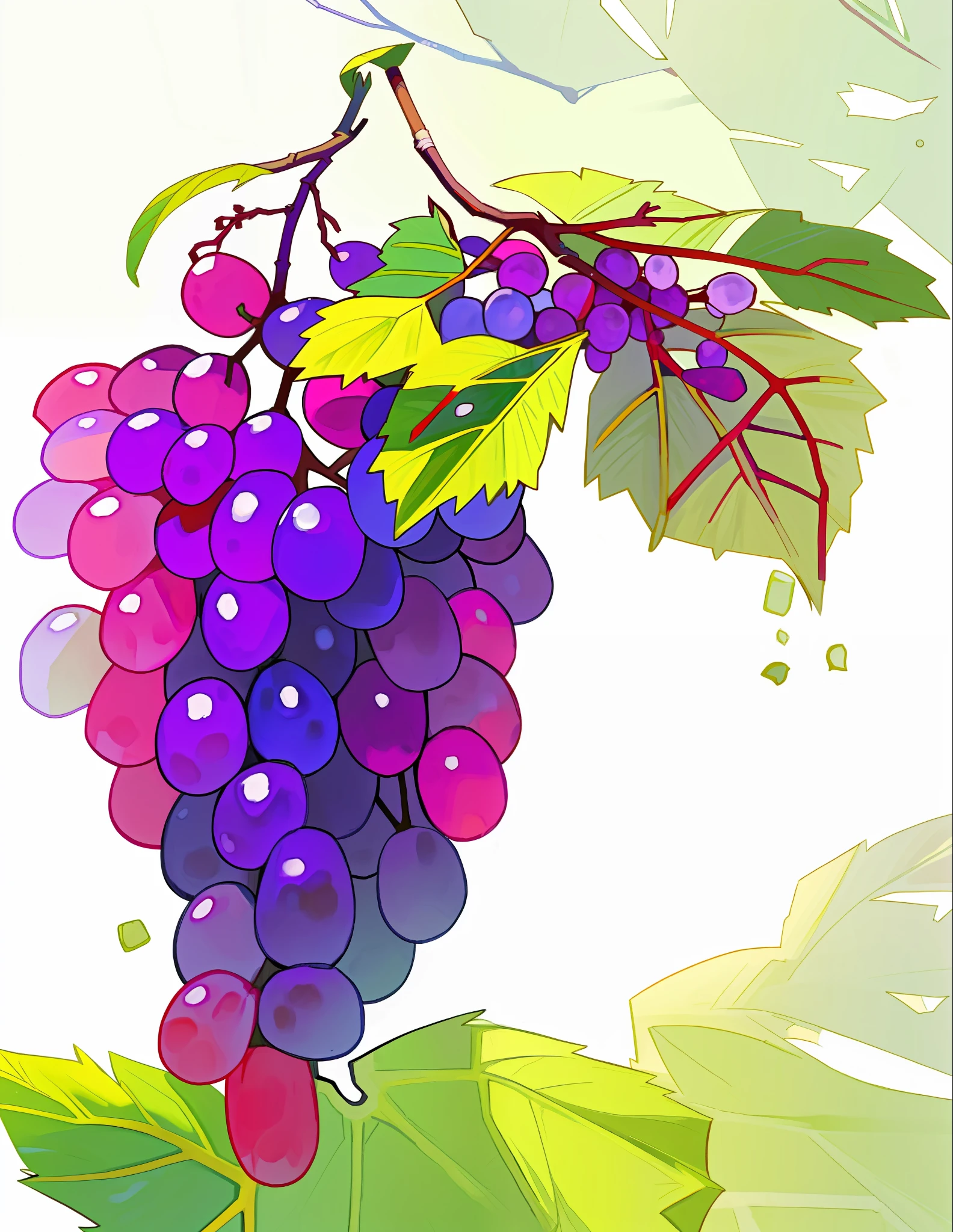 A bunch of grapes on a white background. The grapes are large and juicy, light purple grapes, green leaves. A large leaf, (((white background))), pure white background, each grape is flawless,