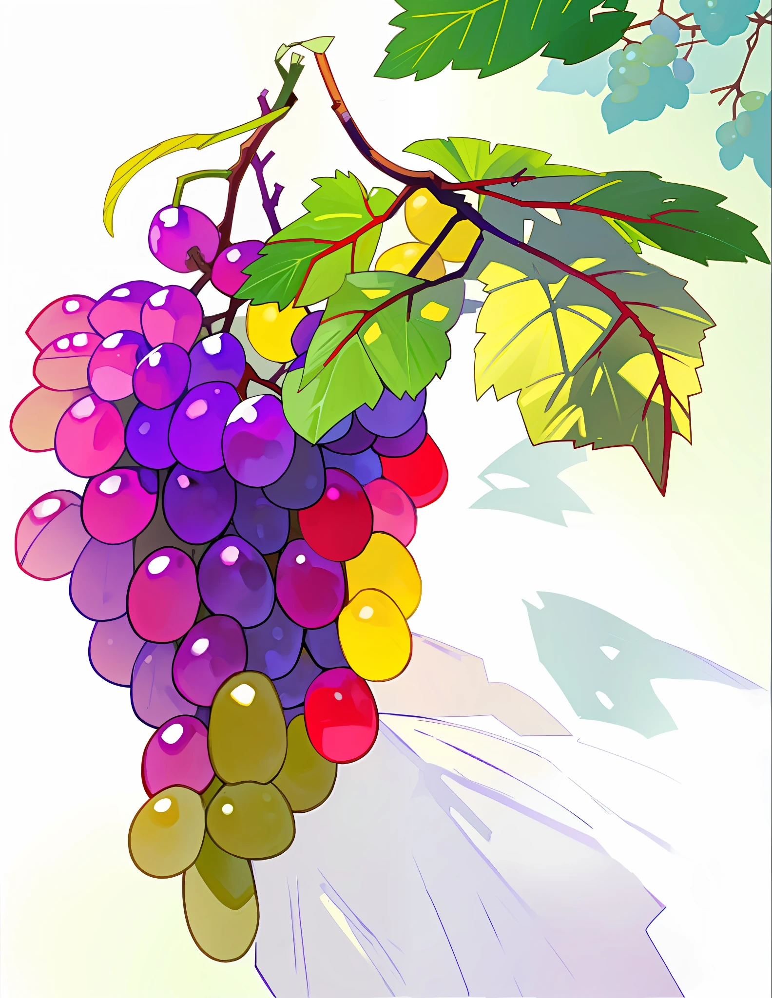 A bunch of grapes on a white background. The grapes are large and juicy, light purple grapes, green leaves. A large leaf, (((white background))), pure white background, each grape is flawless,