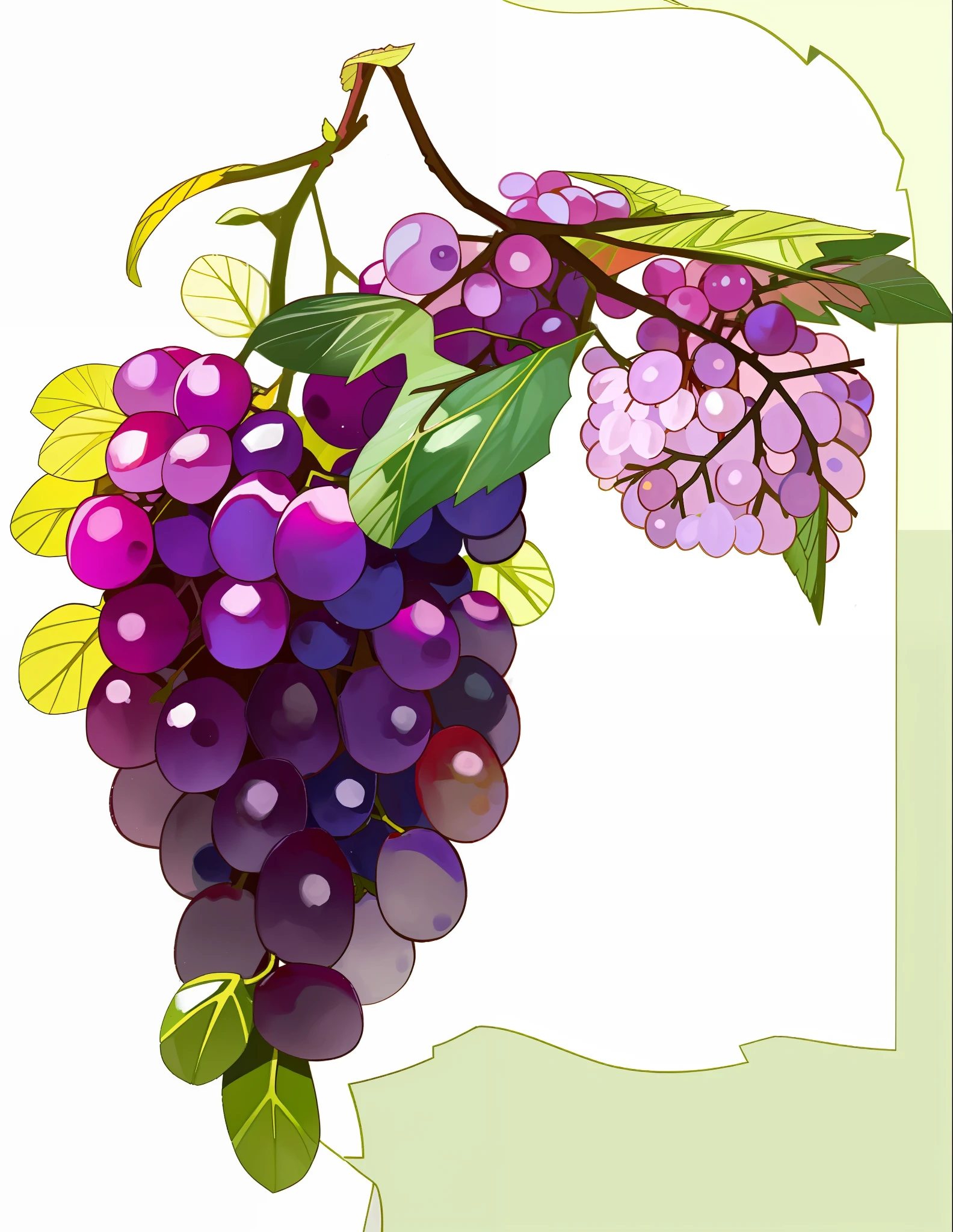 A bunch of grapes on a white background. The grapes are large and juicy, light purple grapes, green leaves. A large leaf, (((white background))), pure white background, each grape is flawless,