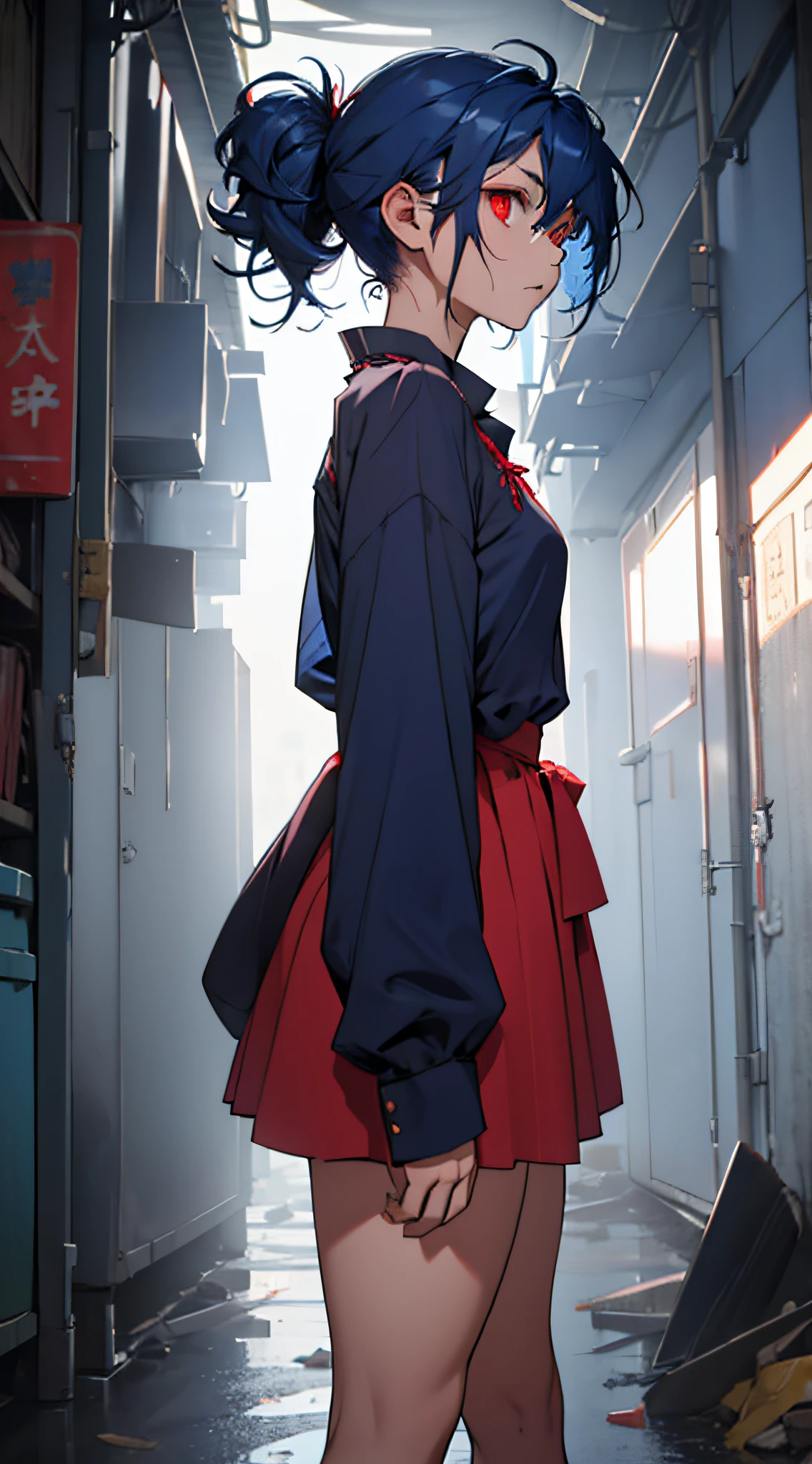 (((1girl))), ((((solo)))), ((messy hairstyle)), standing taking a picture, (((dark blue hair)), red eyes, soft blouse