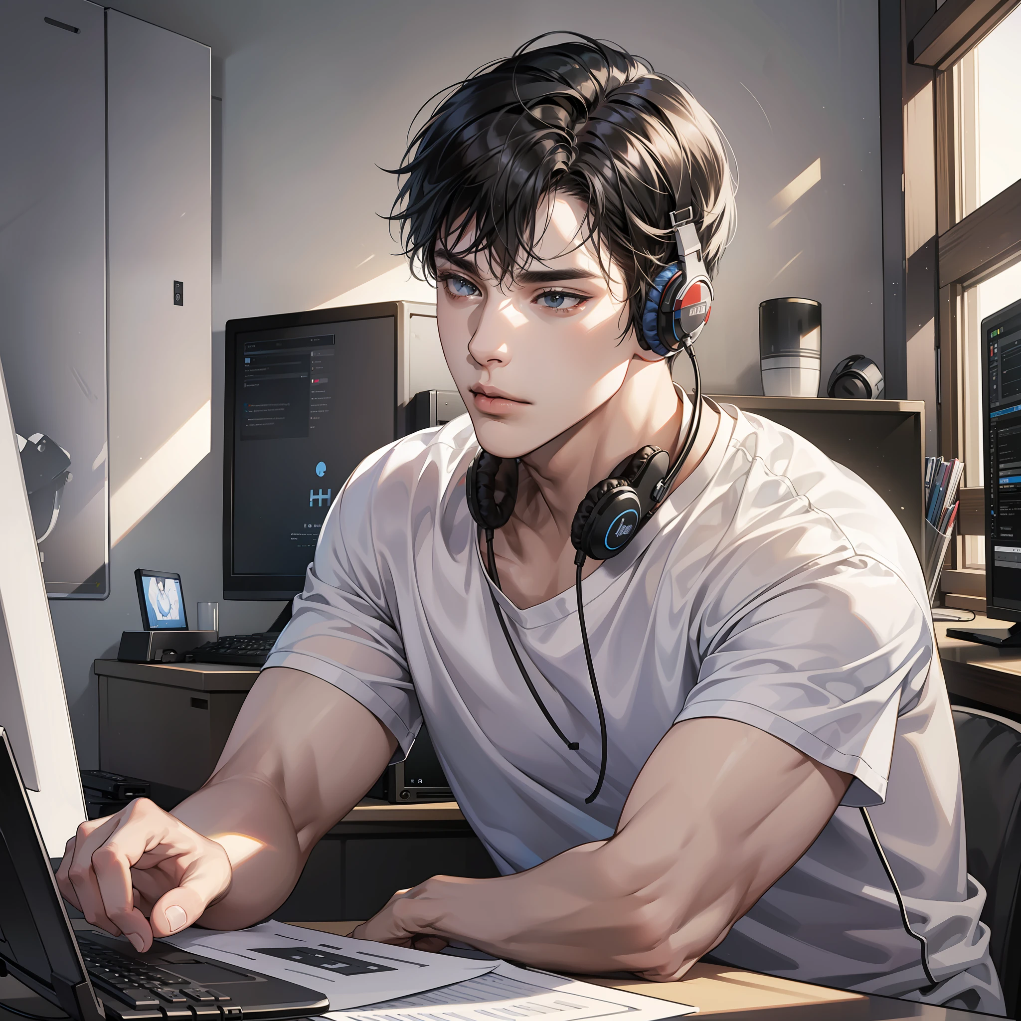 Masterpiece, high quality, best quality, HD, realistic, perfect lighting, detailed body, 1 man, short black hair, white T-shirt, helpless expression, wearing headphones, facing the computer monitor, in the room