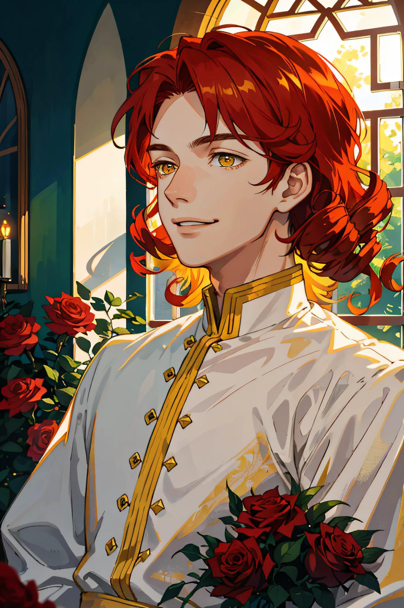 Masterpiece, best quality, 1 male, ager, delicate eyes, intricate details, red curls, yellow eyes, smile, sunlight, roses, flames, best light and shadow