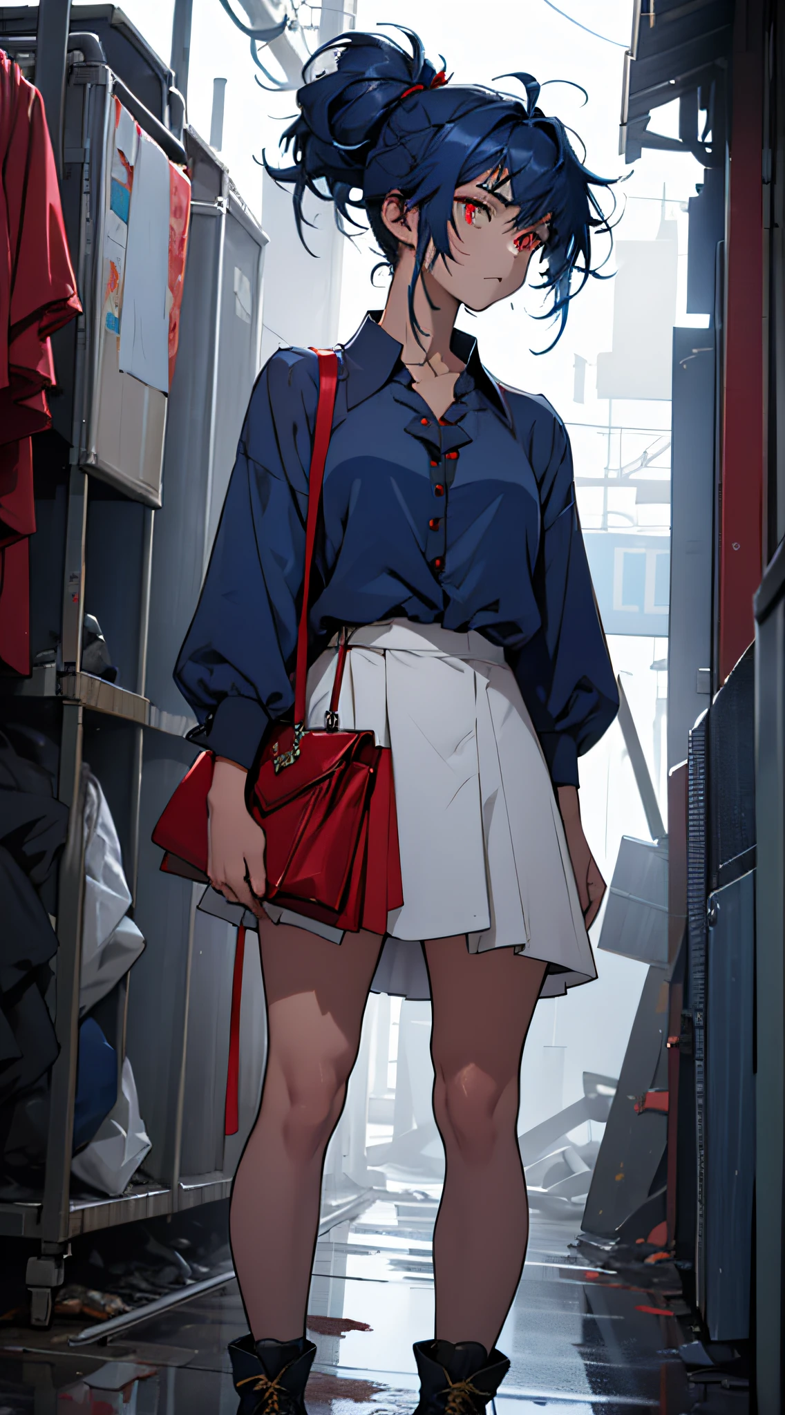 (((1girl))), ((((solo)))), ((messy hairstyle)), standing taking a picture, (((dark blue hair)), red eyes, soft blouse