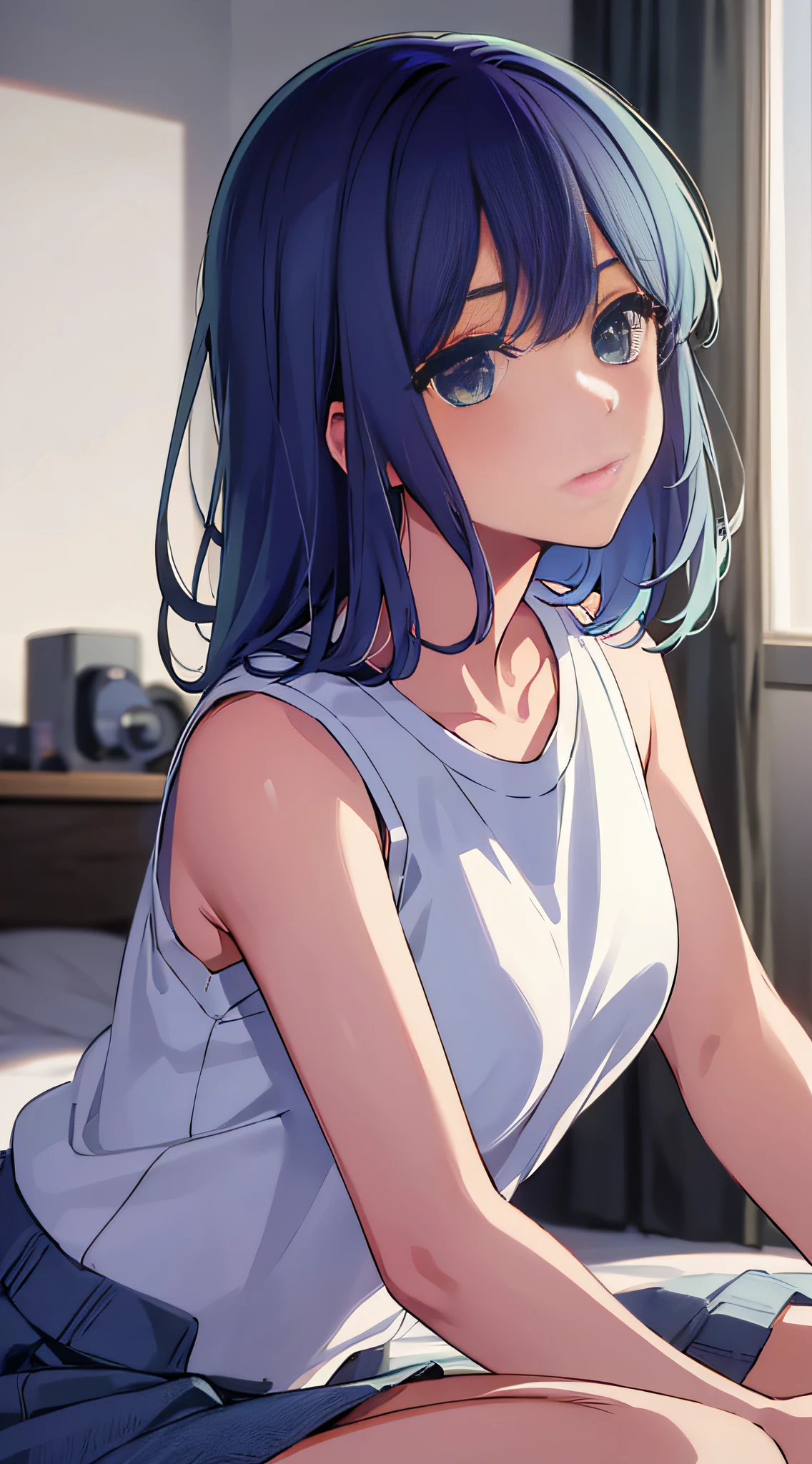 masterpiece, high quality, 8k, beautiful lighting, 1girl, solo, akane, white shirt, t-shirt, blue short, sleeveless, looking at viewer, sitting, bedroom,